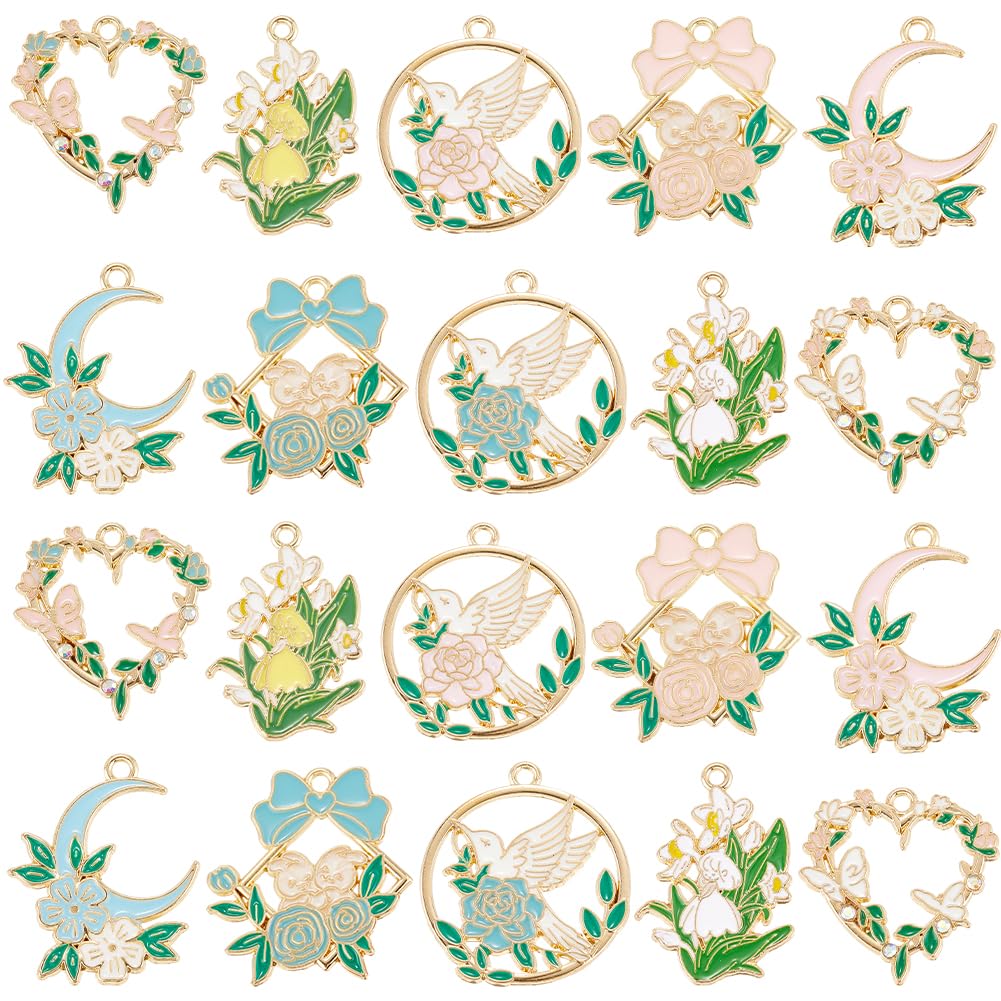 SUNNYCLUE 1 Box 20Pcs 10 Styles Metal Floral Charms Gold Flower Charms Bulk Alloy Enamel Butterfly Rabbit Bird Flowers Charms for Jewellery Making Charms Supplies DIY Crafting Necklace Bracelet