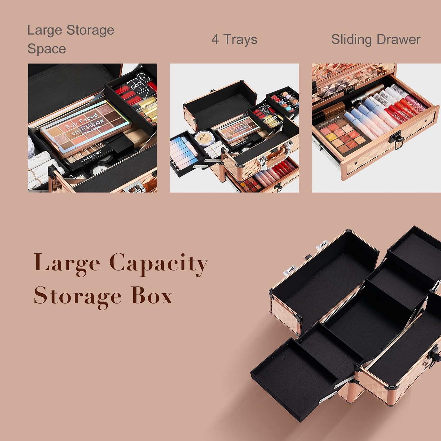 Joligrace Makeup Train Cases Box Organizer Professional Travel Makeup Cosmetic Storage Cases Portable Lockable with Drawer Rose Gold