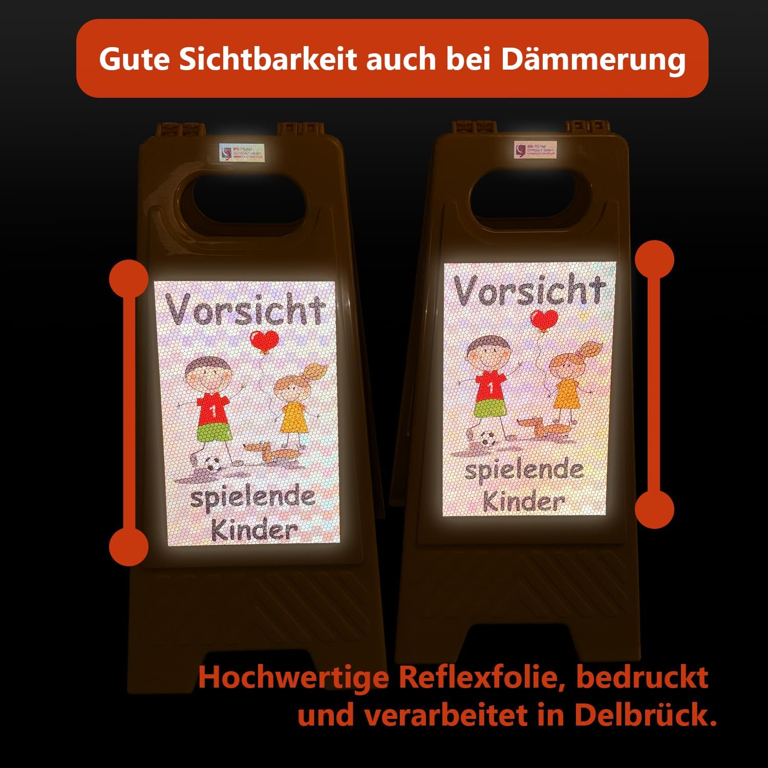 UvV Shop Pack of 2 Warning Signs Achtung spielende Kinder Aufsteller, 60 x 27 cm Safety Sign Caution Children Sign with Reflective Film Class 2