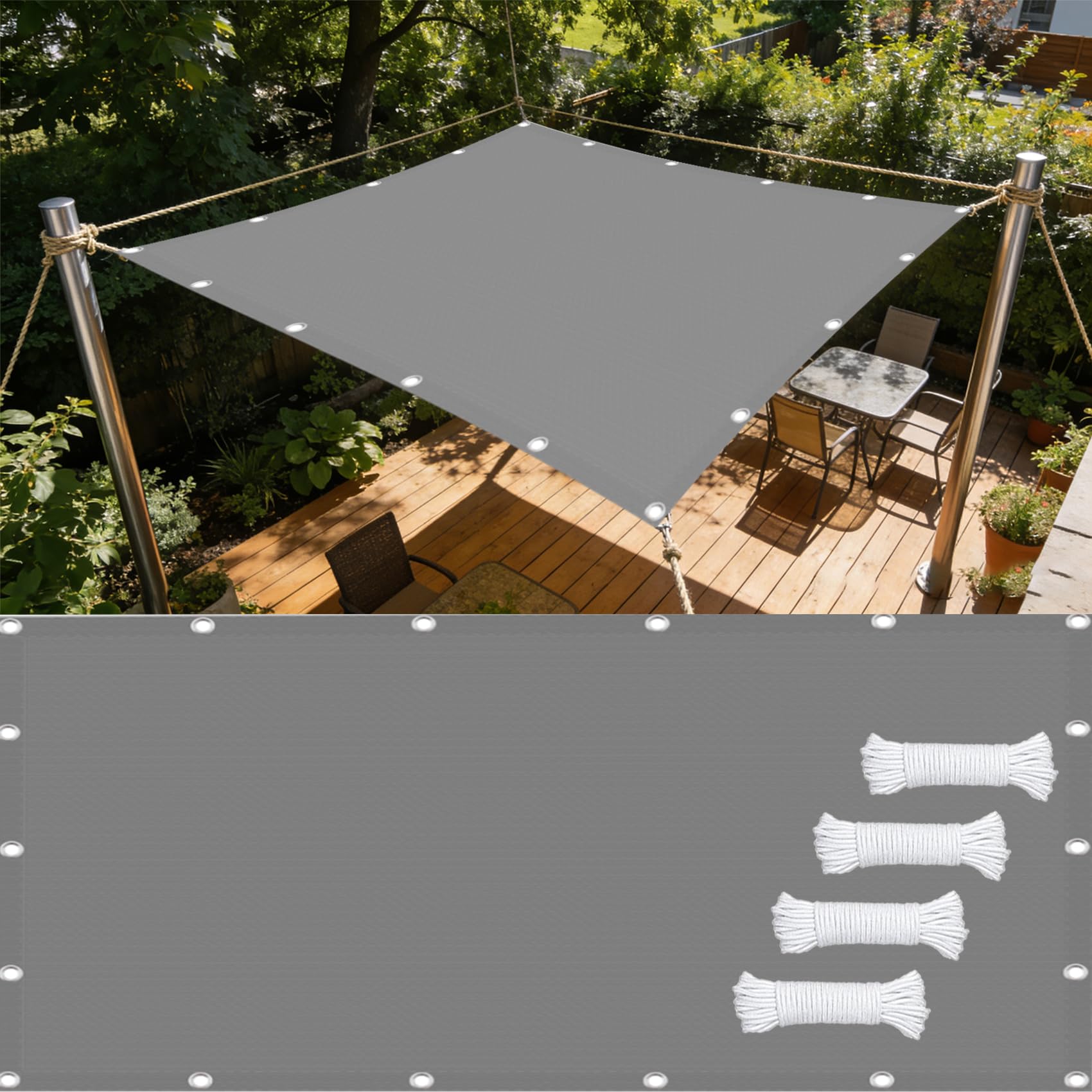 Żagiel Ogrodowy 200 x 300 cm 185G ㎡ UV I Słońcem, Odporność Na Atmosferyczne I Trwałość, Kwadratowa Tkanina Zacieniająca Żagiel Z Liną Na Patio, Do Ogrodu, Jasny szary