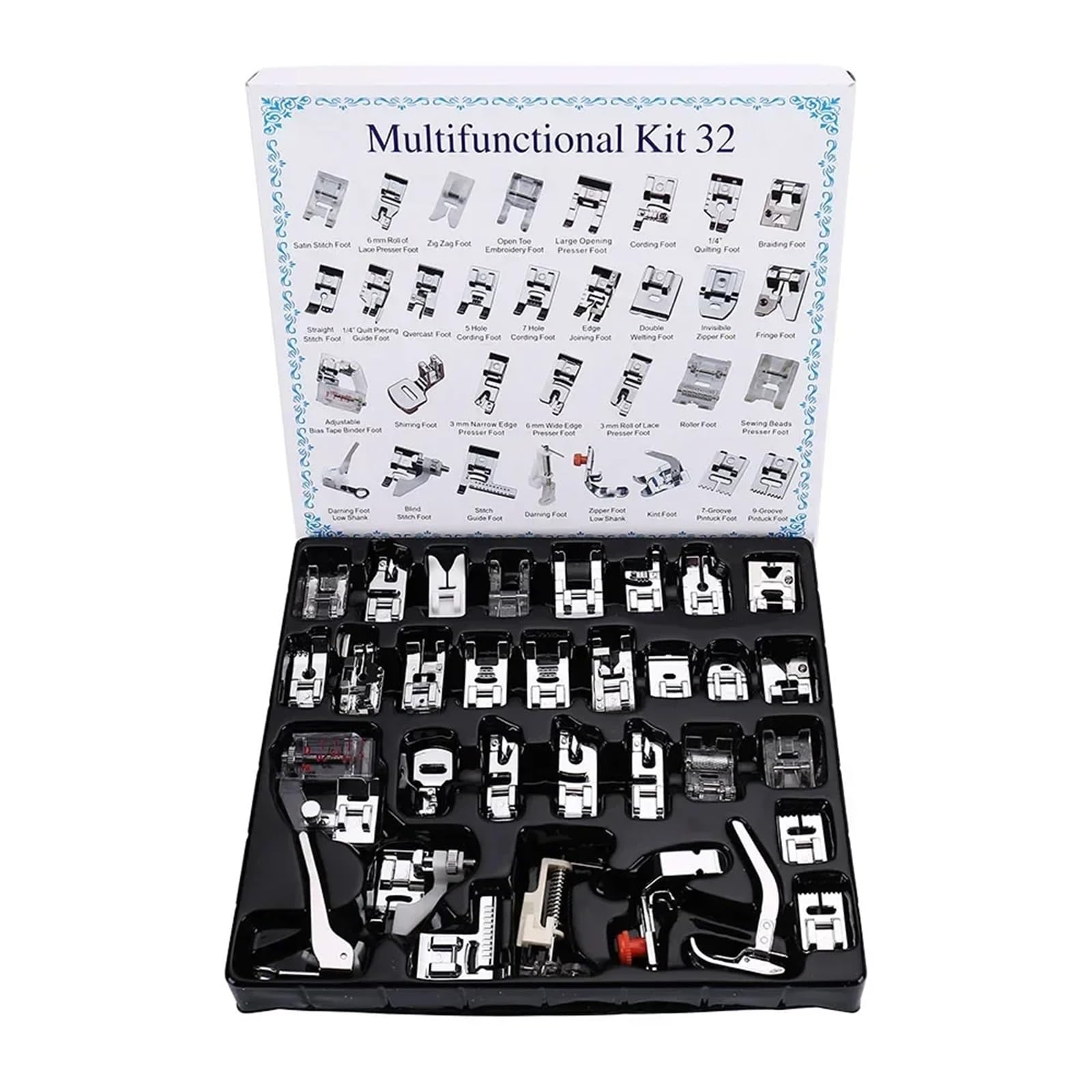 Sewing Feet Sewing Machine Presser Foot Press Kit For Braiding Blind Stitch OverLock Zipper Roller Ruler Parts(Press foot 32pcs)