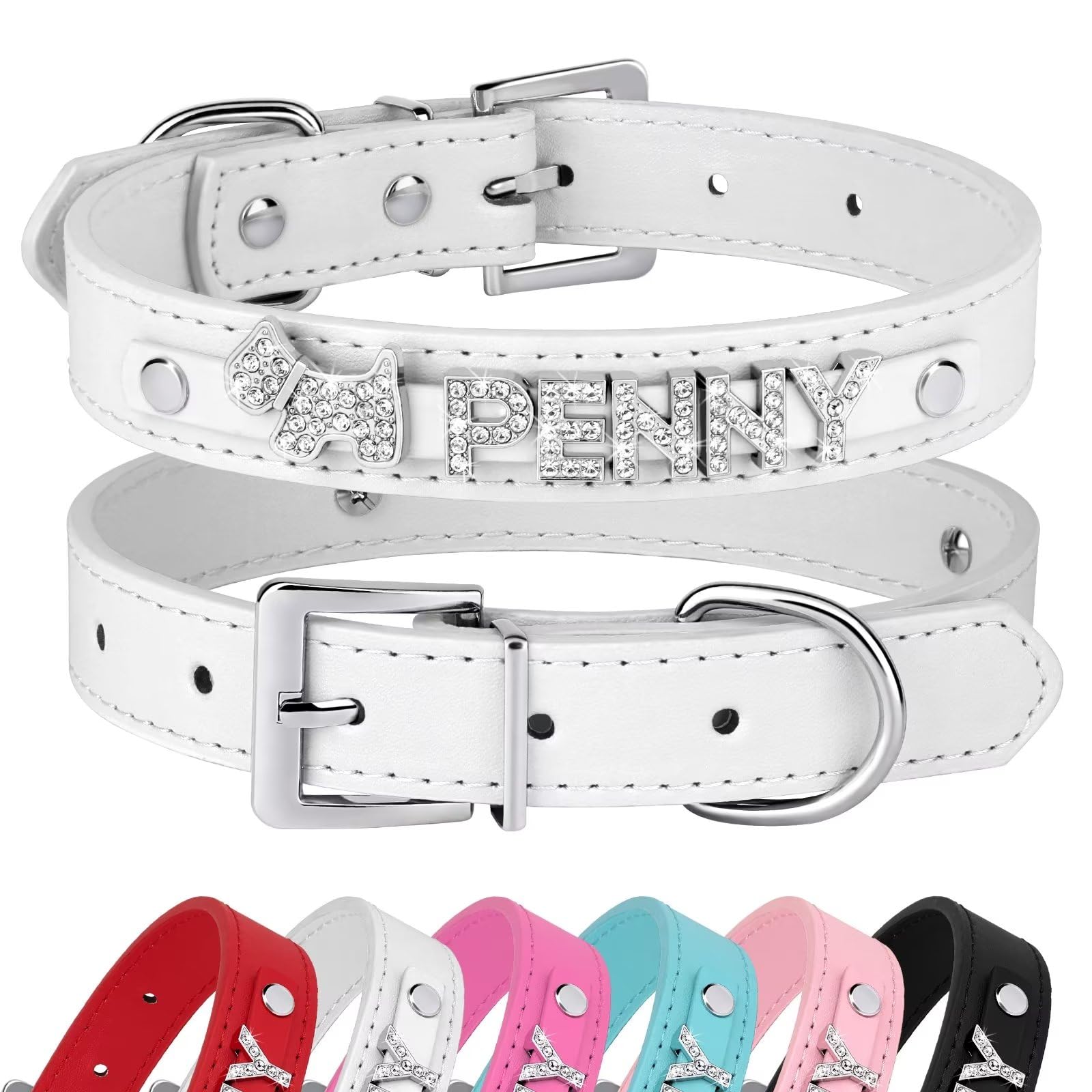 Didog Hundehalsband Personalisiert – PU-Leder Mit Strass, Für Kleine Hunde, Größe S-M-L