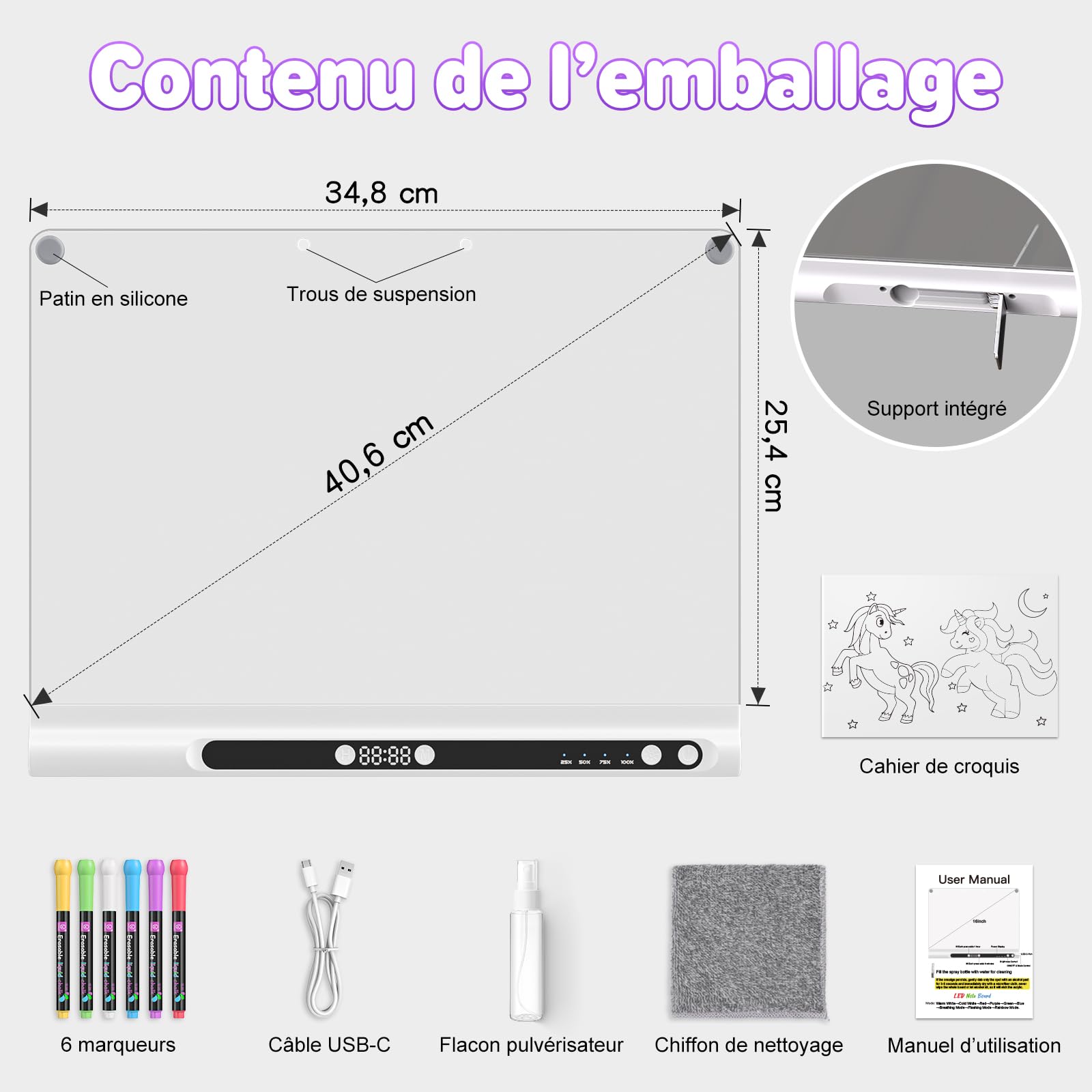 Tableau lumineux LED rechargeable 41 cm, 9 modes lumineux avec minuteur & support, tableau acrylique néon effaçable à sec, cadeau enfants/filles/ados, 6 feutres & livre de modèles, Blanc