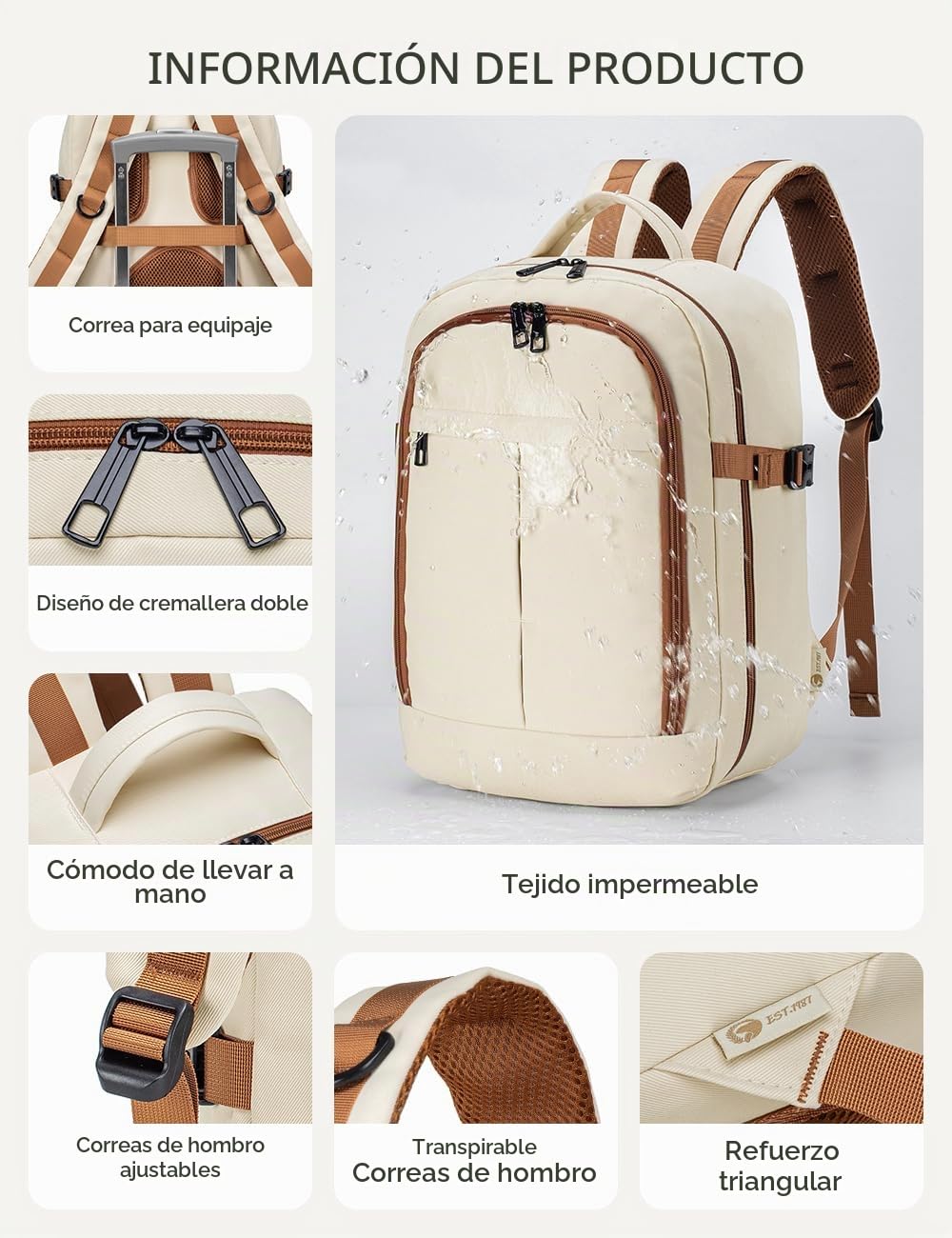 BAGZY Mochila 40x30x15 Iberia Mochila Avion Air France British Airways Equipaje de Mano 30x40x15 20L Mochilas de Viaje Cabina Mochilas Impermeable para Ordenador Portáti 14 Pulgadas Hombre Mujer Beis