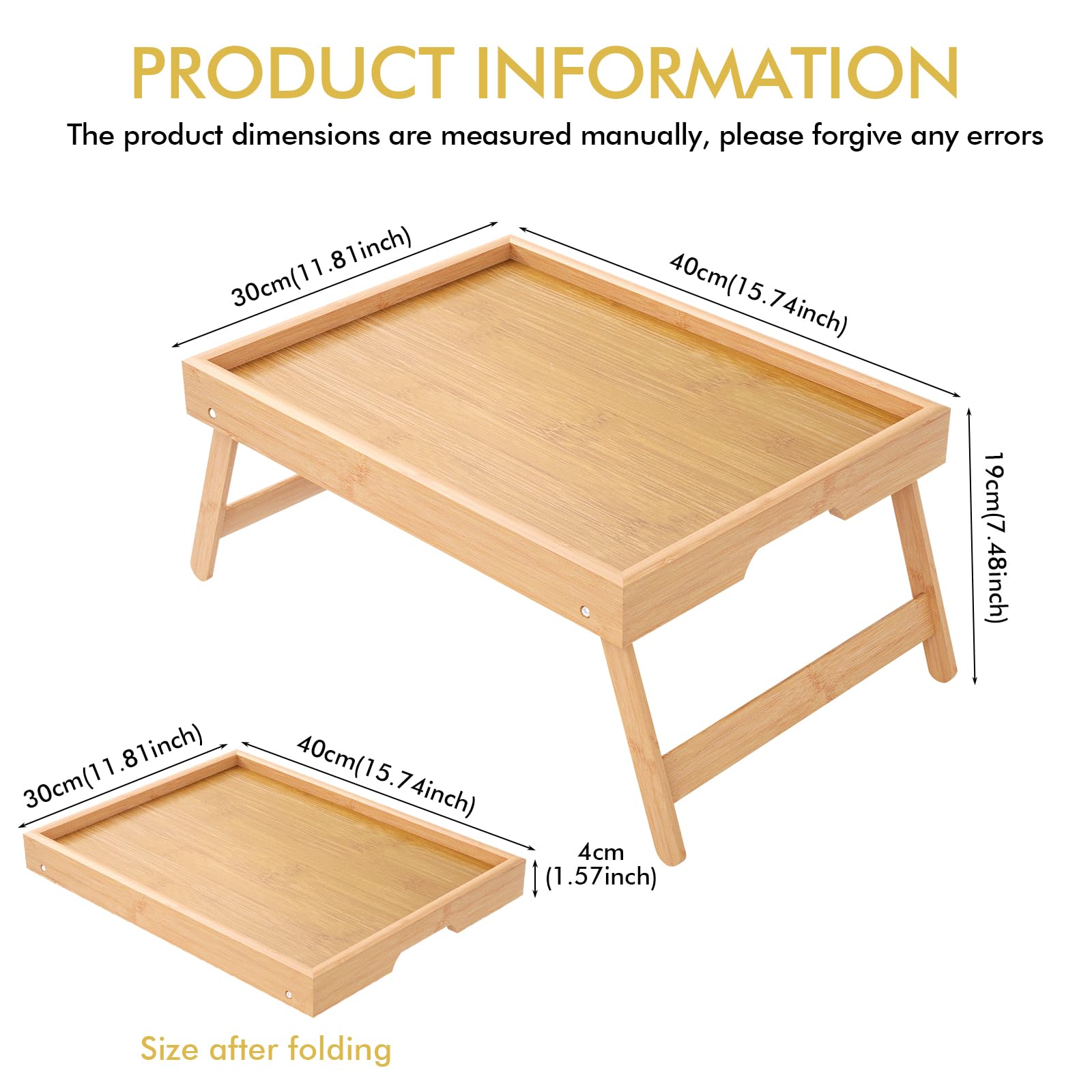 Vassoio da letto in bambù con gambe pieghevoli, vassoio da portata per colazione a letto, vassoio per computer portatile, vassoio per snack per letto e divano, 40 x 30 x 19 cm