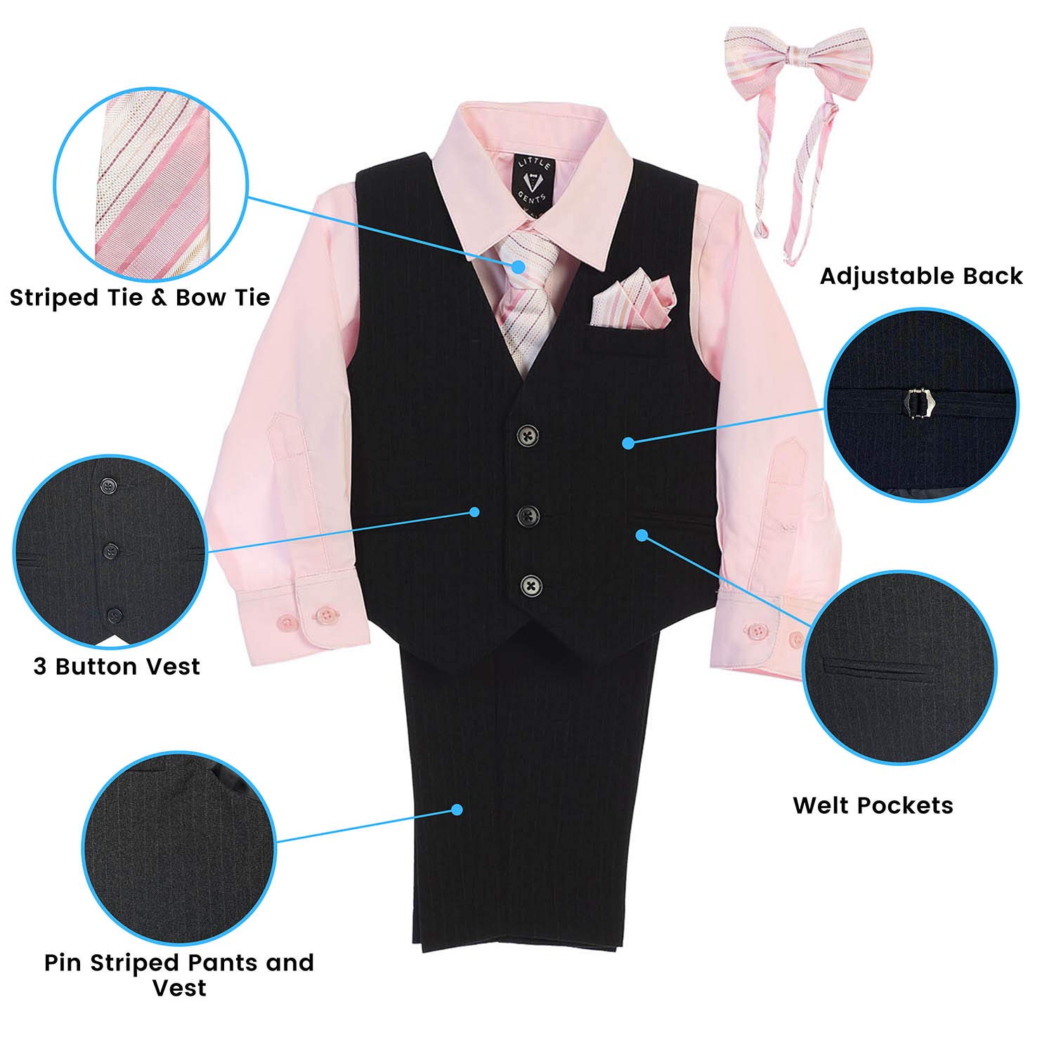 Little Gents Black Pin-Striped Vest & Pant Set with Color Shirt, Tie & Bowtie and Hanky Set (Pink, 4T)