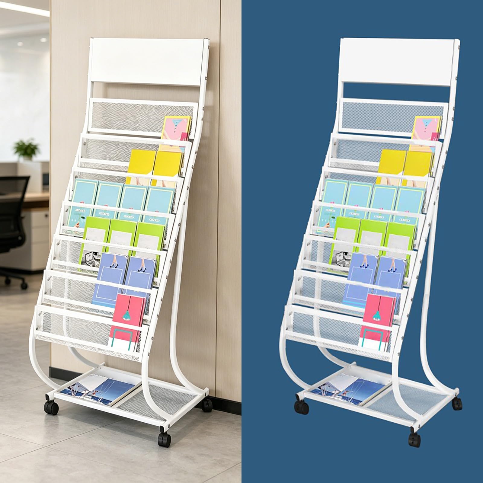 Cjwkxqol White Metal Mesh Floor Standing Magazine Rack With Wheels, Vertical Brochure Display Stand For Office Reception, Exhibition, Shopping Mall, Hospital(White)