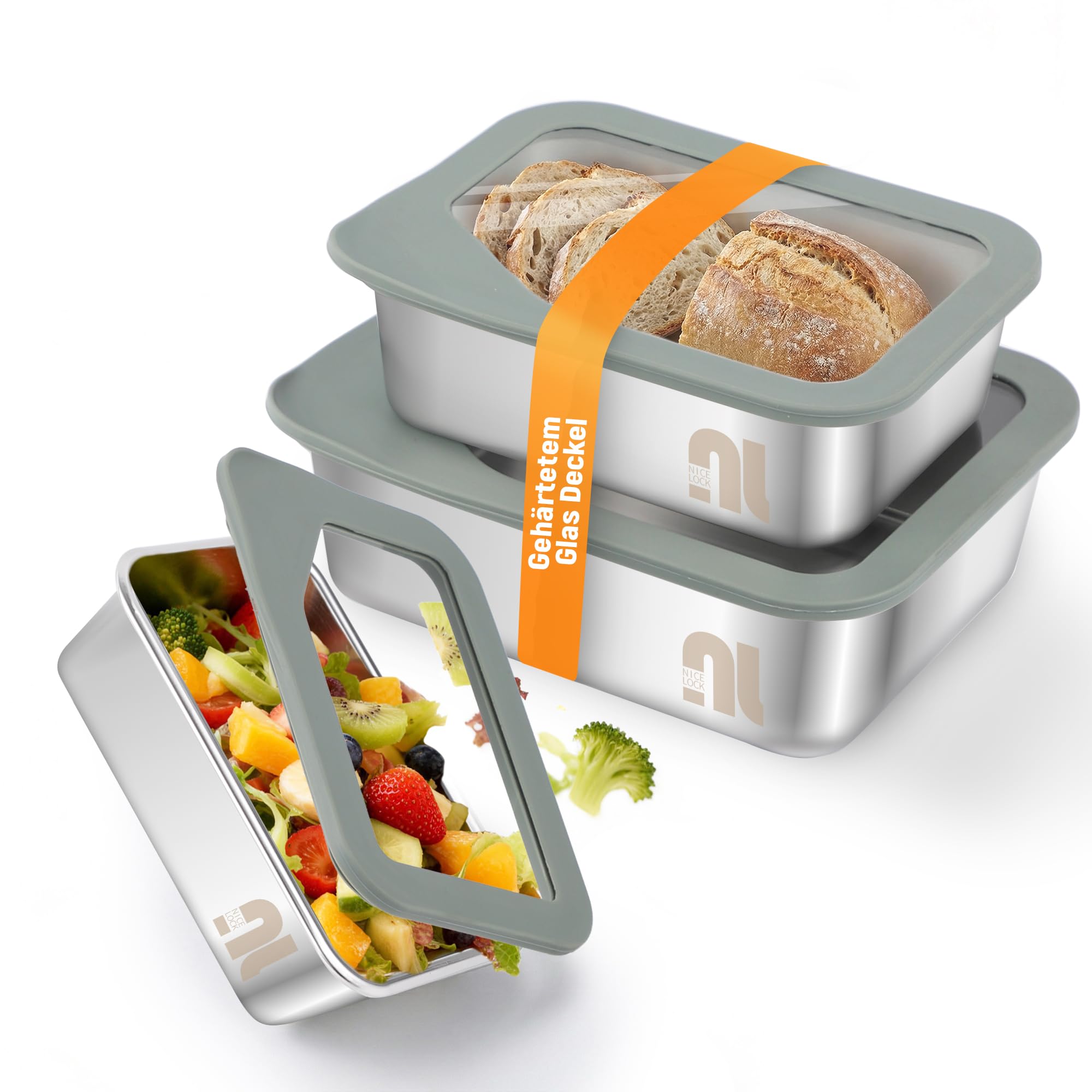 nicelock Juego de 3 recipientes de almacenamiento con tapa de cristal, fiambrera, herméticos, aptos para lavavajillas y microondas