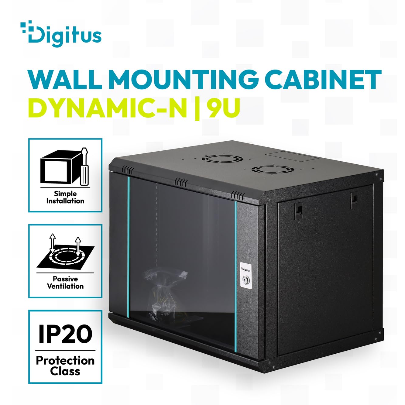 DIGITUS Armario de Red – Rack de 19" 9U – Sin Montar – Montaje en Pared – Profundidad: 450 mm – Profundidad útil: 320 mm – Capacidad de Carga: 60 kg – Puerta de Cristal – Serie Dynamic-N – Negro