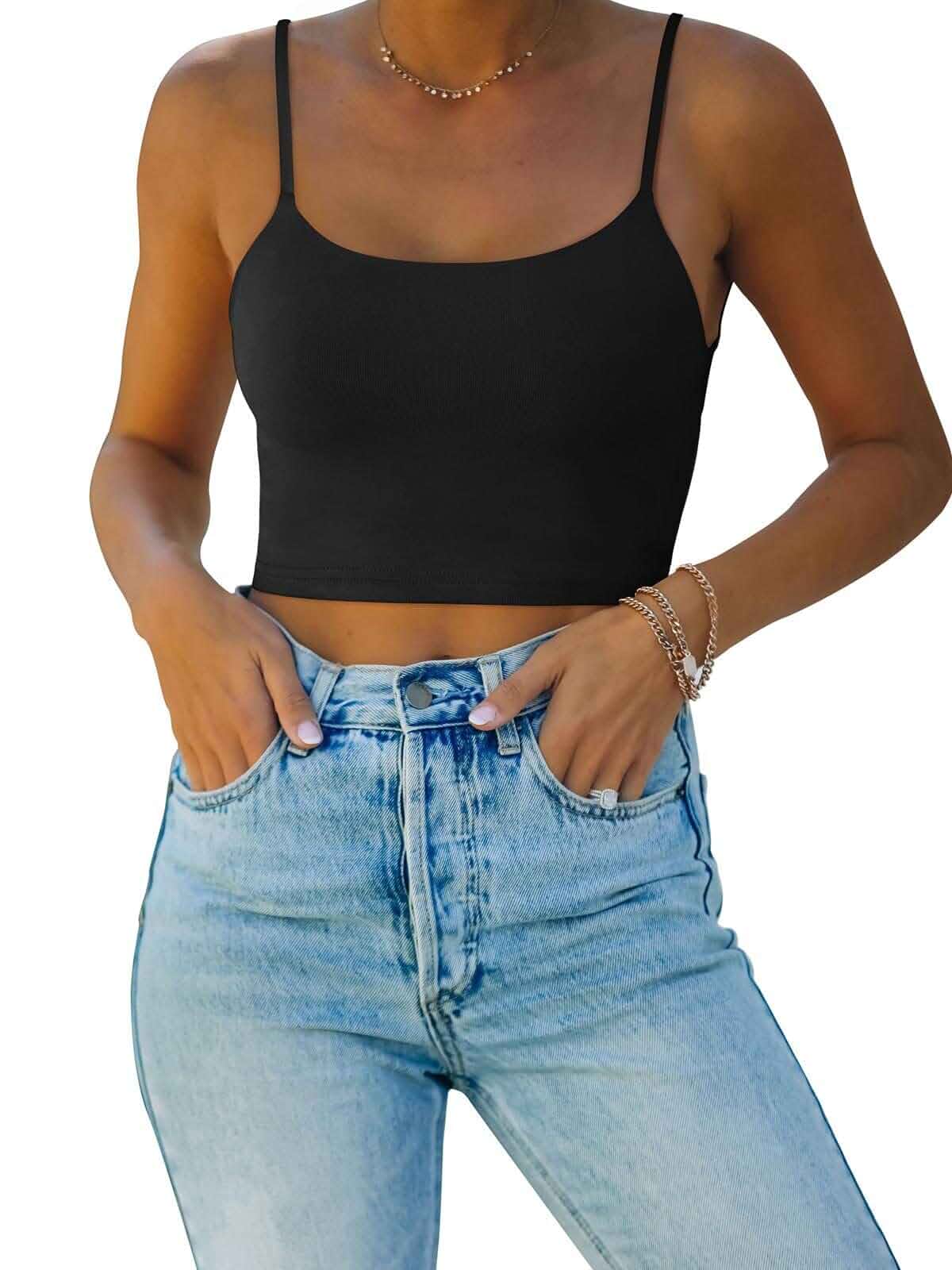 REORIA Women's Sexy Adjustable Spaghetti Strap Double Lined Seamless Camisole Tank Yoga Crop Tops Sleeveless · Fitted