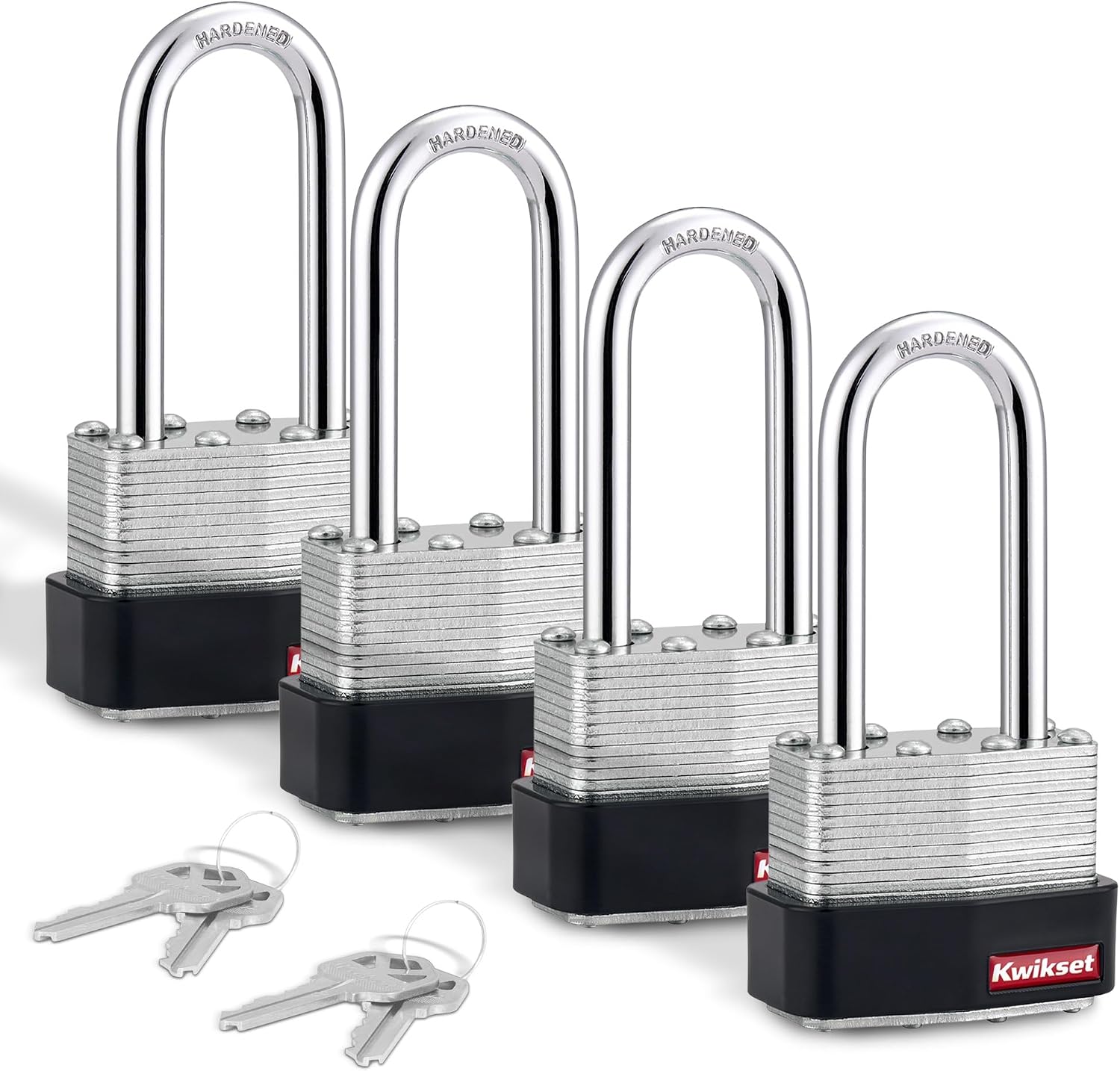 Kwikset Laminated Steel Padlock with Hardened Steel Shackle, Outdoor Gate and Fence Lock, 1-3/4 in Body, 2 in Shackle, 4 Pack Keyed Alike, Silver