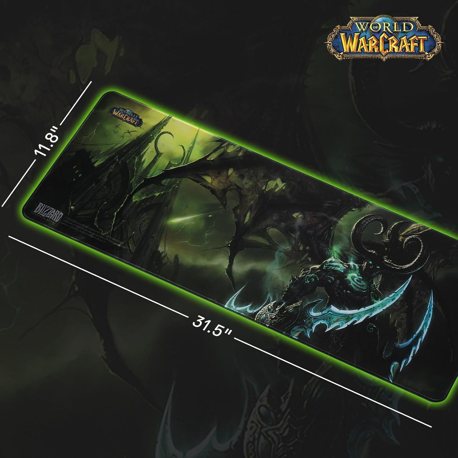 Blizzard Gaming Mouse Pad, XXL Desktop Keyboard Mat, Wow Themed Symbol, Cloth Cover with Stitched Edge, Smooth Tracking & Stability, Never-Slip Rubber, 31.5x11.8x1.2 in (Green)