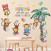 Vista 3 de Mfault Calcomanías de pared de libro de lectura de mono, la lectura te llevará a todas partes, decoración de aula de guardería, arte de dormitorio