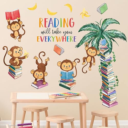 Miniatura 3 de Mfault Calcomanías de pared de libro de lectura de mono, la lectura te llevará a todas partes, decoración de aula de guardería, arte de dormitorio,