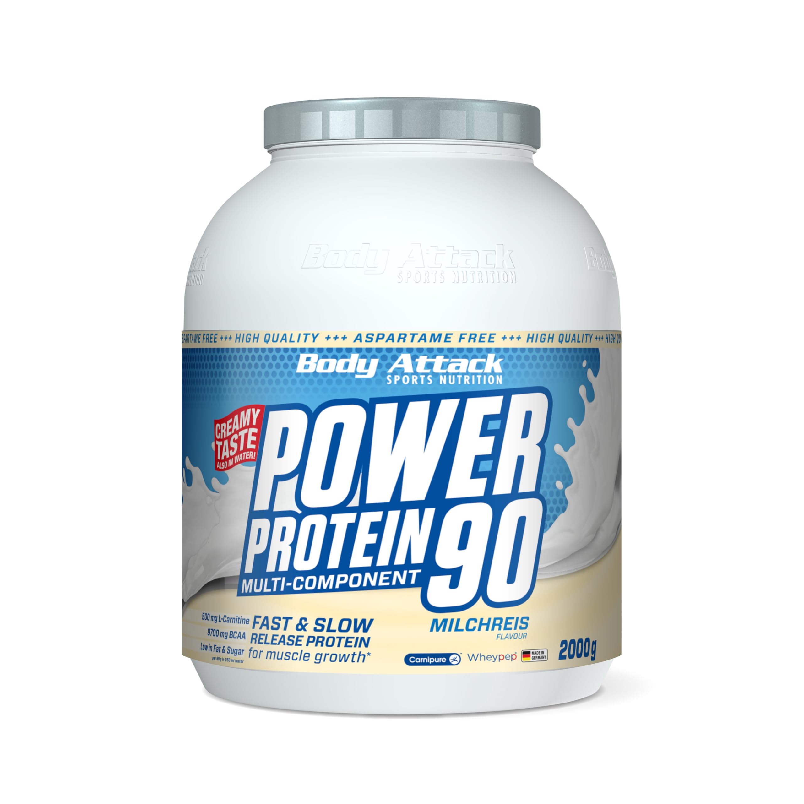 Body Attack POWER PROTEIN 90 - Milchreis - 2kg Dose - Mehrkomponenten Protein Pulver, Made in Germany - Mit BCAA, Vitaminen & L-Carnitin - Protein Shake extra cremiger Geschmack, gute Löslichkeit | Mehrkomponenten Protein Pulver, Made in Germany, mit BCAA