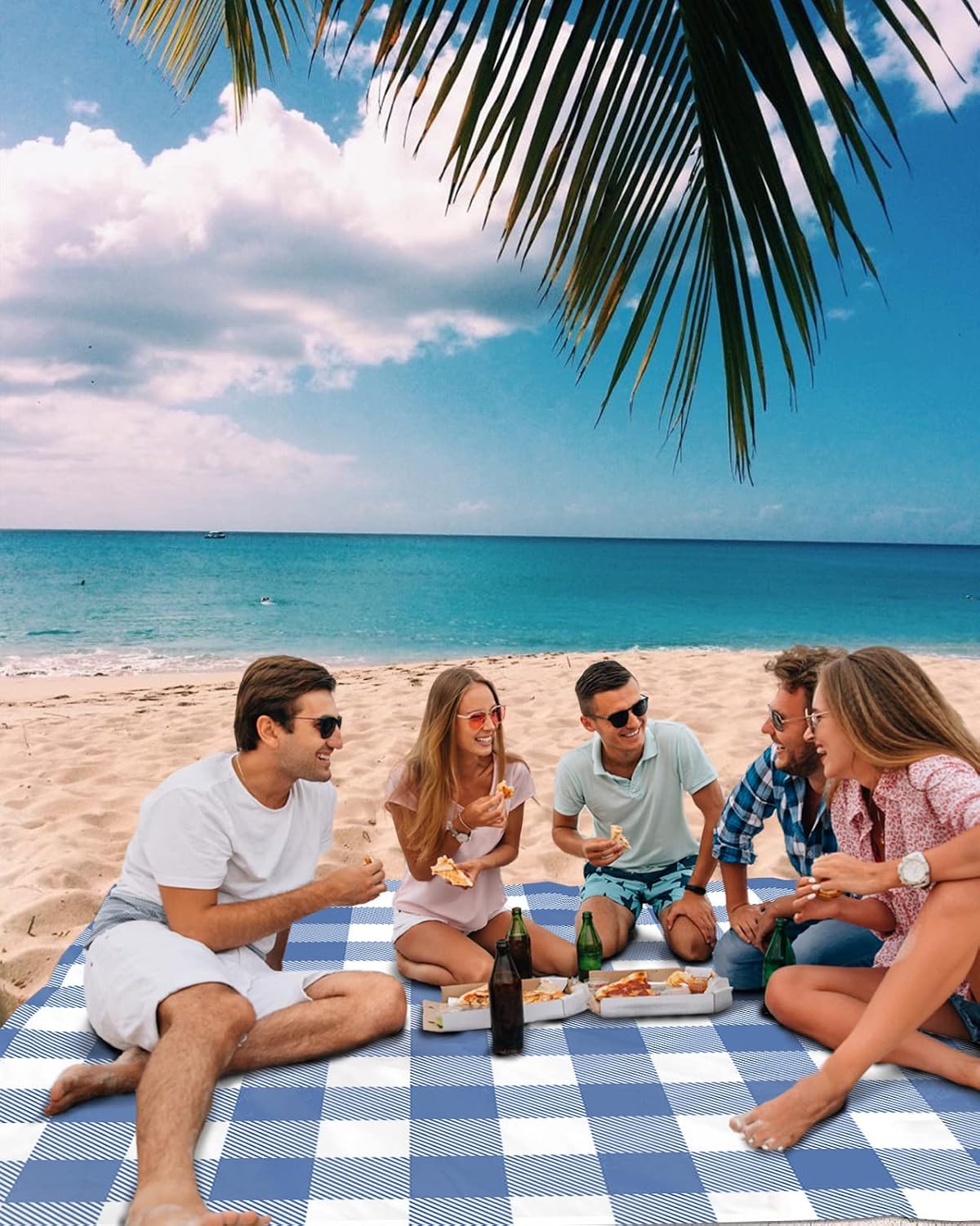 Farm Retro Blue White Buffalo Lattice Beach Blanket Waterproof Sandproof Outdoor Picnic Mat 118"x108" Country Style Lightweight Large Beaach Blankets with 4 Stake & 4 Corner Pockets