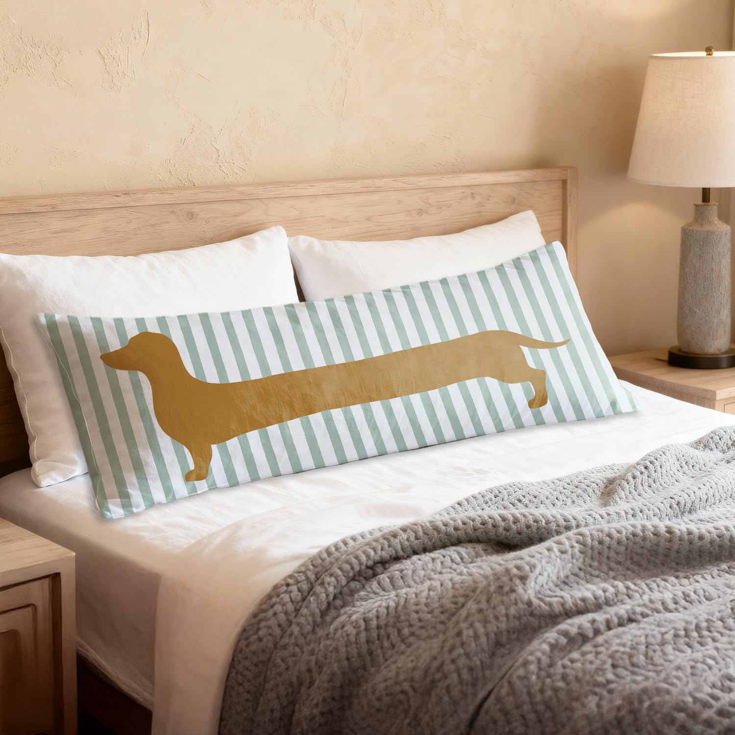 Dachshund 20x54 Body Pillow Cover Case, Dachshund Gifts for Women Men, Weiner Dog Gifts, Green Striped Weiner Dog Decorative Long Hug Pillow Cases for Bed Couch, Double-Sided