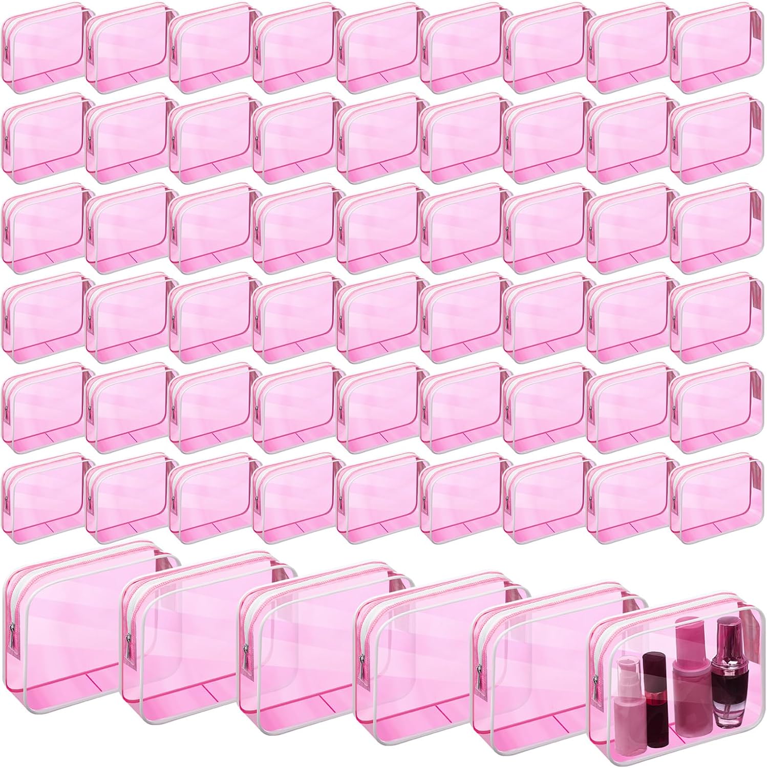 Cunno 60 Pcs Clear Makeup Bags Cosmetic Storage Bags PVC Zipper Pouches Travel Waterproof Toiletry Plastic Case Bulk for Women Organizing Summer Vacation Travel Bathroom(Fluorescent Pink)