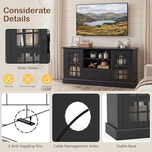 Miniatura 7 de Tangkula Mueble de TV Estilo Granja para TV de hasta 70 Pulgadas, Mesa Consola de Medios Alta con 2 Puertas de Cristal, Centro de Entretenimiento