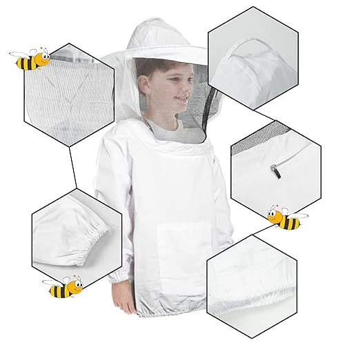 Miniatura 5 de Luwint Chaqueta y guantes de apicultura para niños, velo ventilado, traje de abeja para niños, chaqueta protectora de apicultor con guantes de