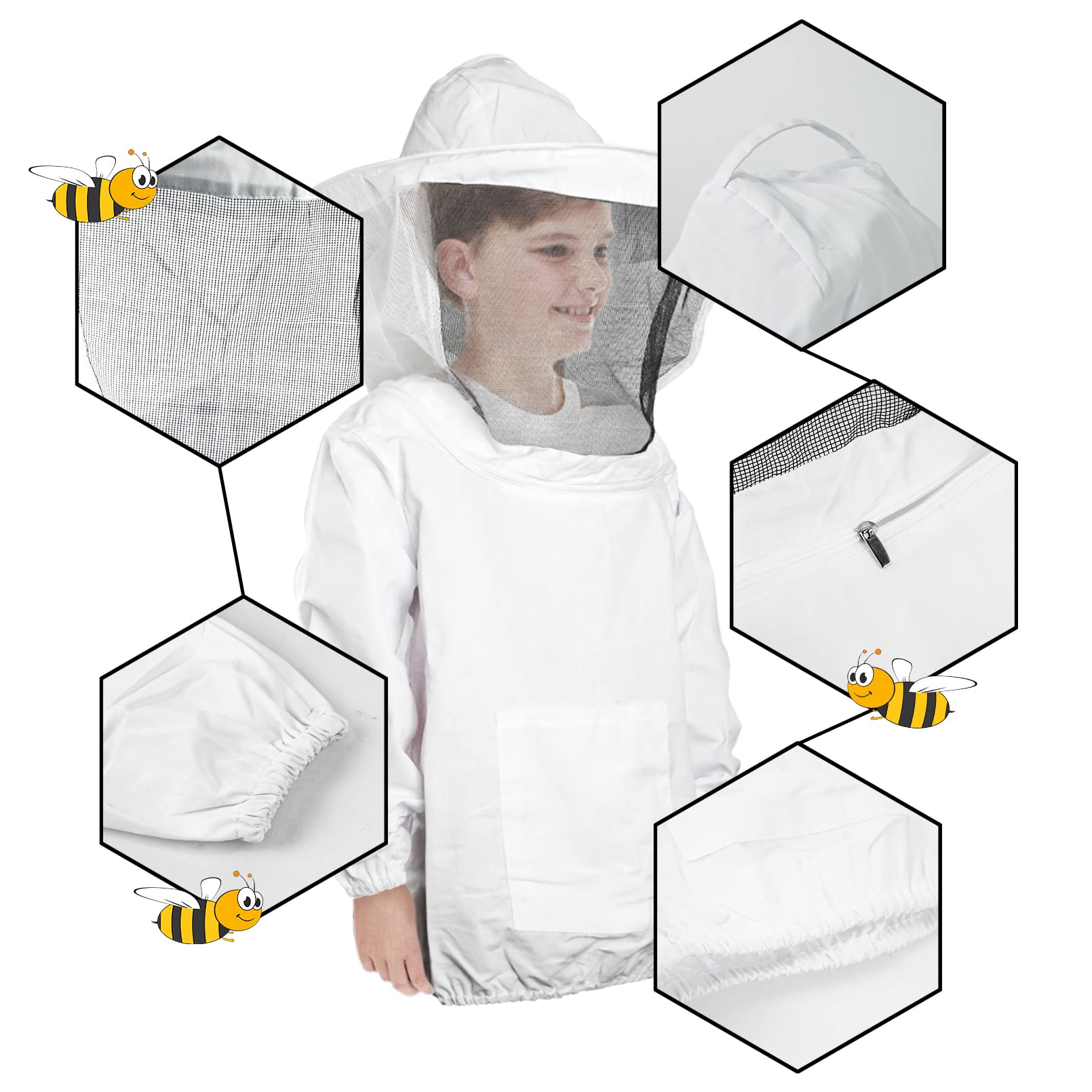 Luwint Giacca e guanti da apicoltura per bambini, velo ventilato, giacca protettiva da apicoltura con guanti in pelle di capra per apicoltura, per bambini (altezza 10,2 - 10,2 cm)