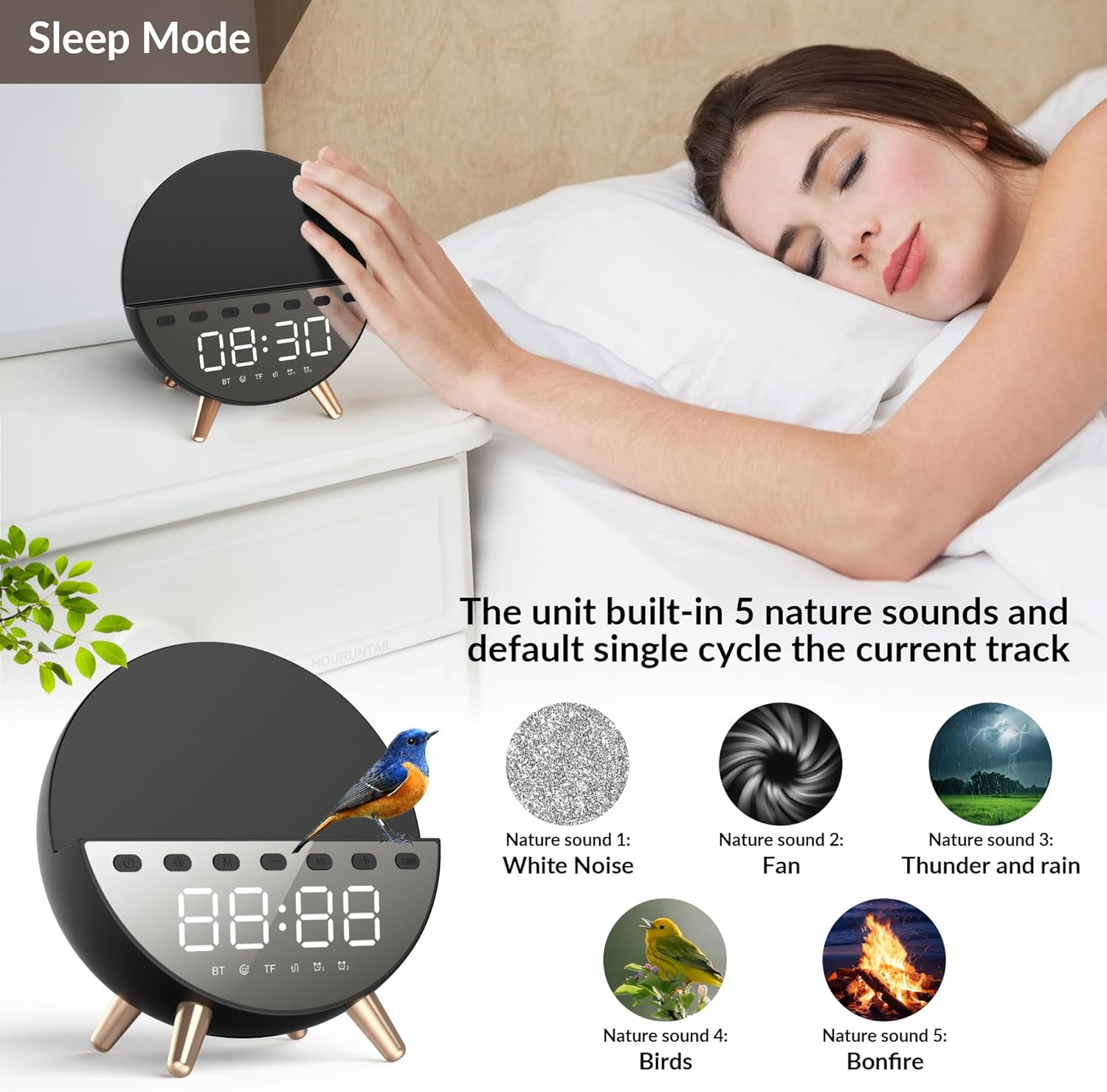 Digital Alarm Clock with 15W Wireless Charging with Warm White Light,5 Soothing Sound/White Noise,Dual Alarm Clock for Bedrooms Heavy Sleepers Adults/Kids (Black)