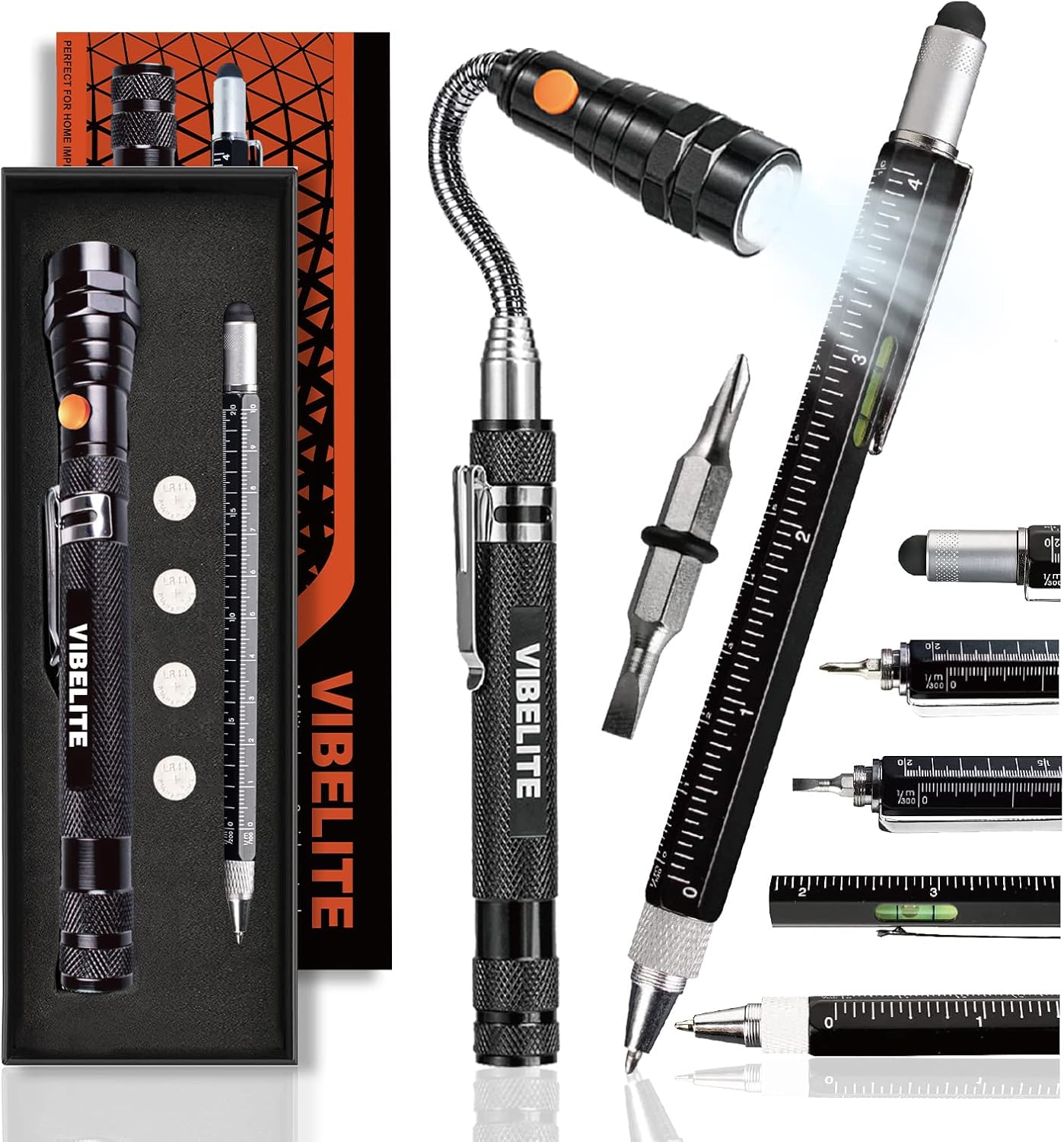 Magnetic Pickup Tool and 6 in 1 Multitool Pen with Touch Screen Stylus, Rulers, Bubble Level, Flathead, Phillips Screwdriver, Ballpoint Pen, BIrthday Gifts for Men, Him, Dad, Mechanic, Women, 2Pack