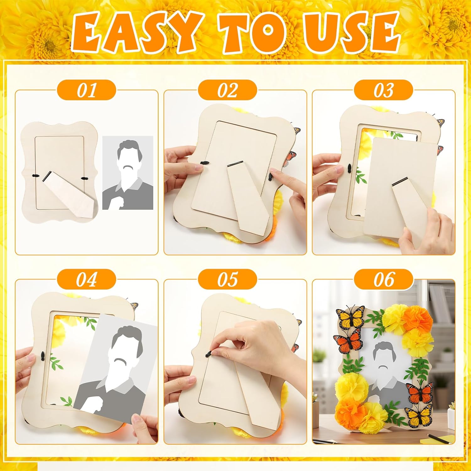 4 Pcs Dia De Los Muertos Picture Frames with 3D Marigold Flower Monarch Butterfly Felt Leaves 4 x 6 Wooden Picture Photo Frame Decoration for Day of The Dead Diwali Altar Decor (Fashion Style) - Image 3