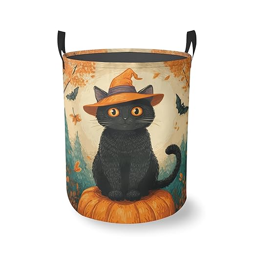 Laundry Hamper Foldable Oxford Cloth Black Cat Halloween Laundry Basket With Handle Portable Clothes Storage Organizer Basket Storage Bag For Laundry Room/Bedroom/Bathroom