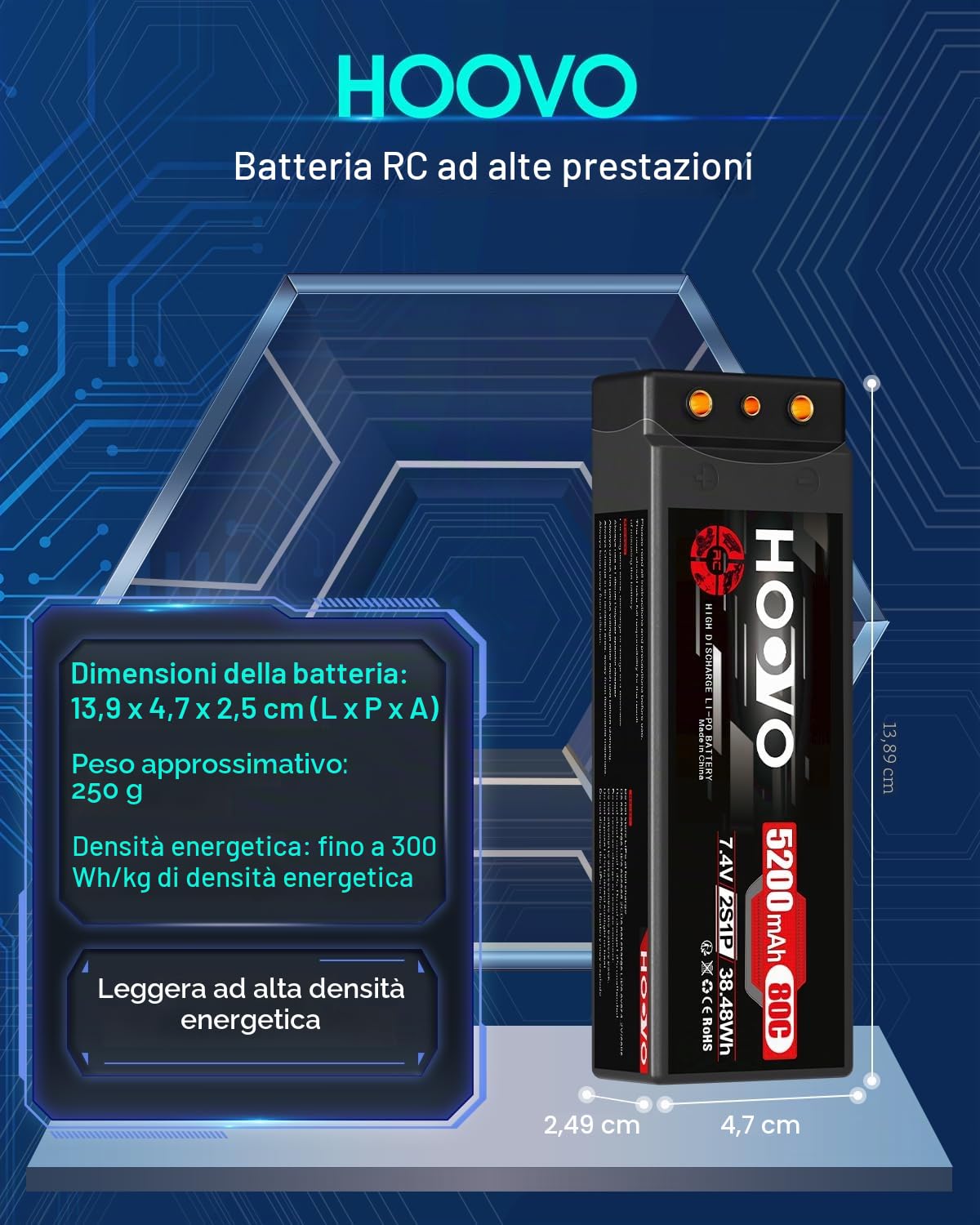 HOOVO Batteria 2S LiPo 7,4 V 80 C 5200 mAh RC batteria rigida con spina Deans-T per RC Auto Barca, Truck Truggy RC Hobby (2 confezioni)