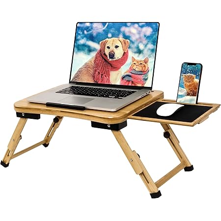 Foldable Laptop Bed Desk with Mouse Pad, Adjustable Folding Bamboo Tray Lap Stand Table for Work Breakfast College Students