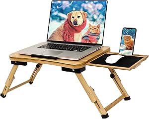 Foldable Laptop Bed Desk with Mouse Pad, Adjustable Folding Bamboo Tray Lap Stand Table for Work Breakfast College Students