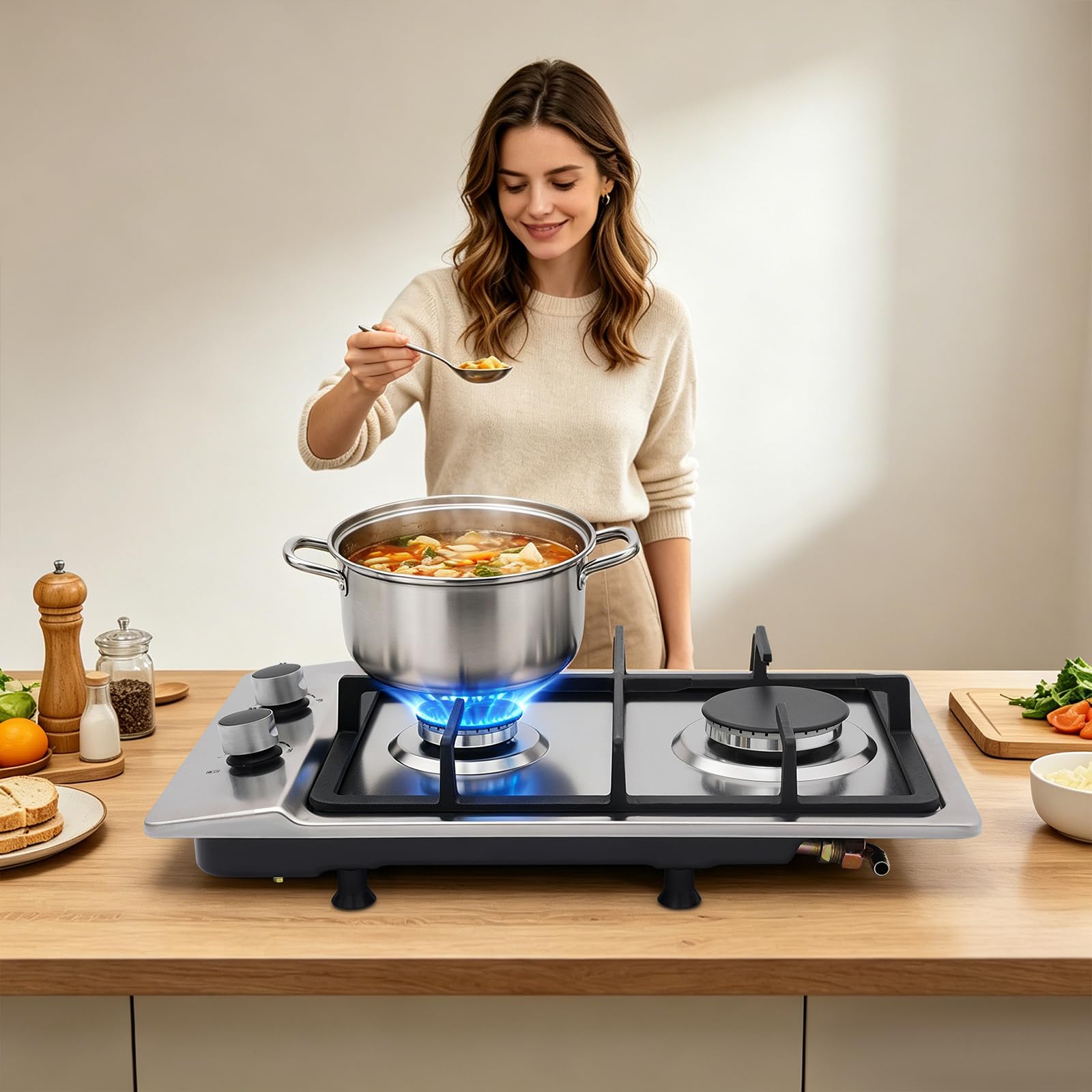 Przenośna płyta gazowa, 2-palnikowa, ze stali nierdzewnej, do LPG/gazu ziemnego, 2 strefy grzewcze (3000 W + 1750 W), płyta gazowa z reduktorem ciśnienia i wężem 1,5 m, do wewnątrz i na zewnątrz