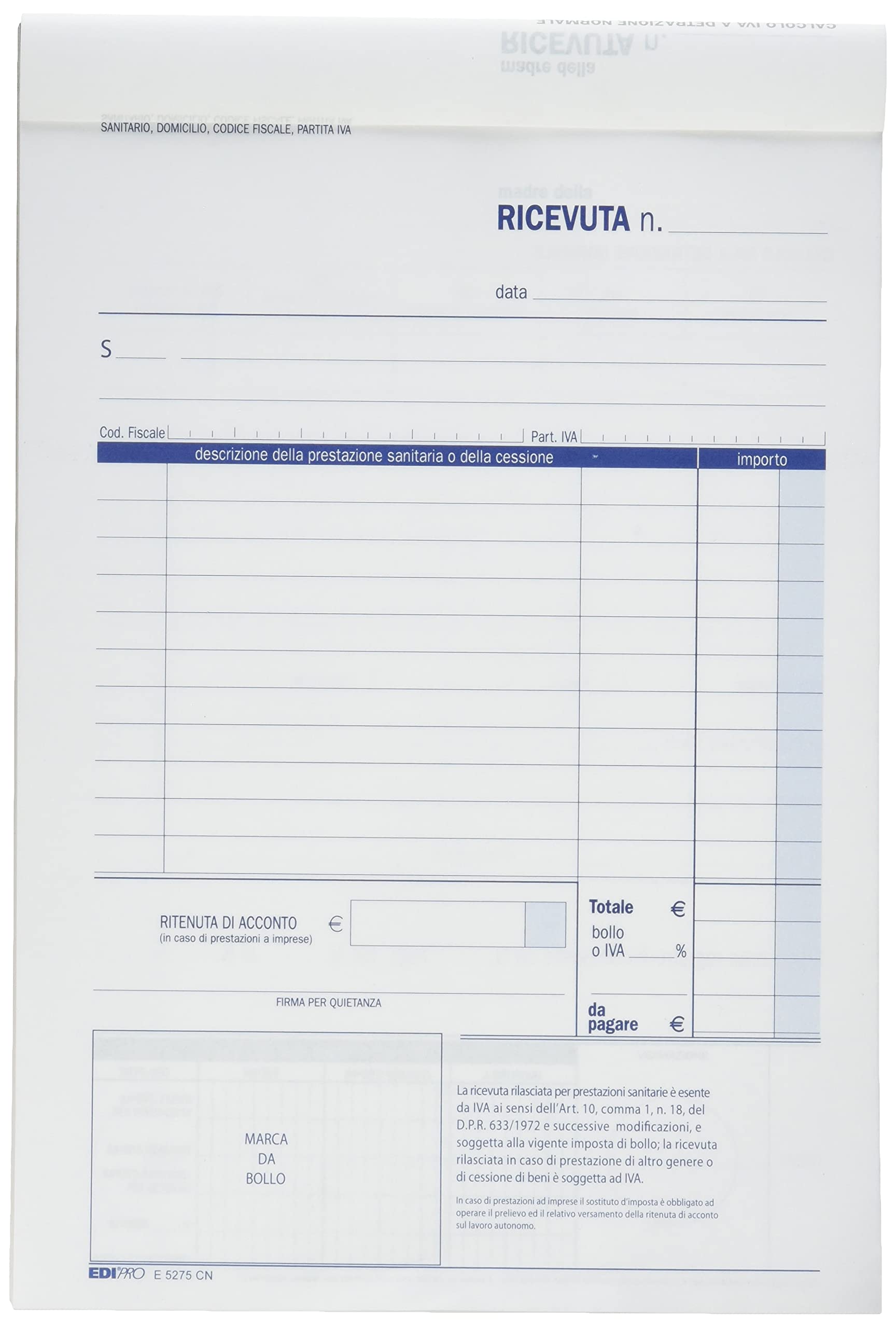 EDIPRO E5275CN Blocco ricevuta sanitaria 50x2 autoricalcante 22x14,8