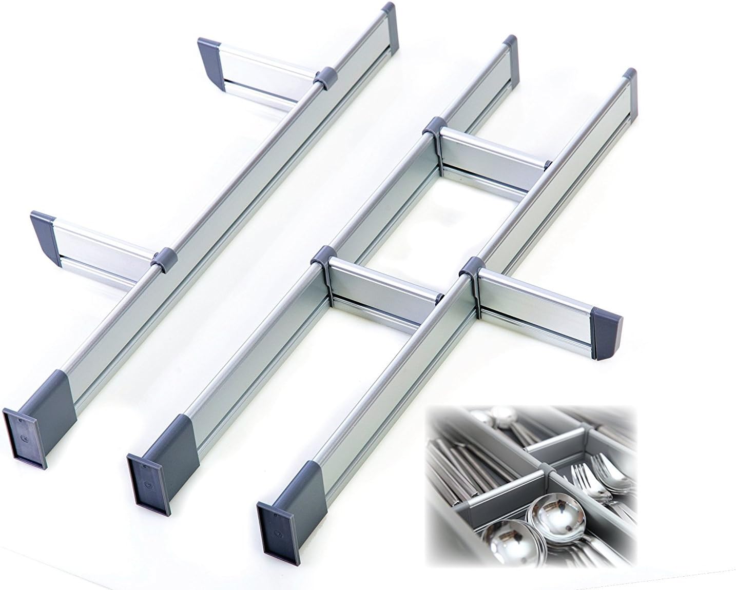 Practical Comfort Adjustable Drawer Organizer, Customizable, Elegant Aluminum, for Clutter Free Kitchen, Junk Drawer, Office -2 SETS PACK- (9 Dividers Set - Small | for Drawers 15.3"-17.5" long)