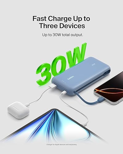 Miniatura 6 de Belkin Cargador portátil, banco de energía con cable integrado de 20000 mAh 30 W - Carga rápida USB C Power Delivery - iPhone 17, Air, Pro, Pro Max,