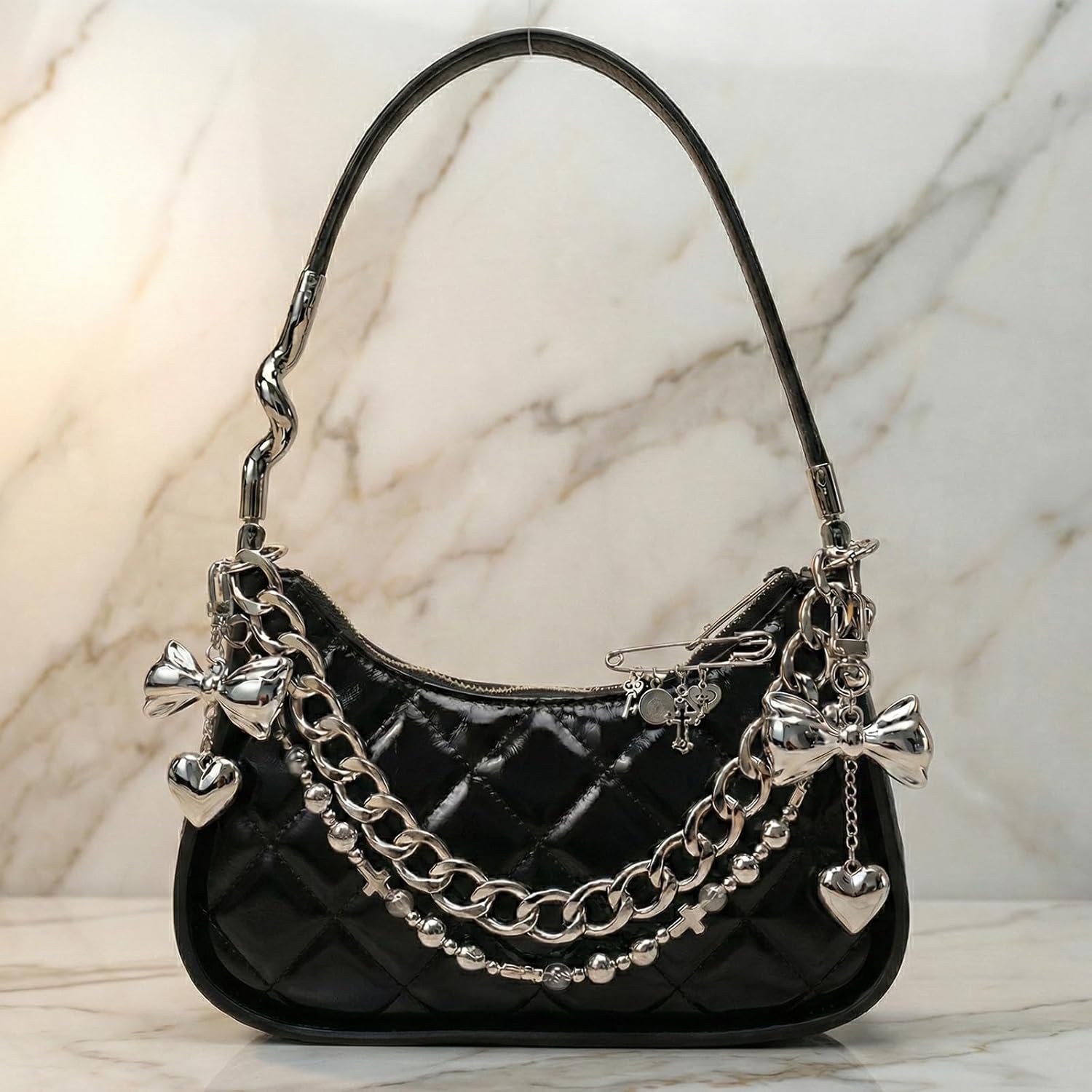 4 in 1 Silver Bag Charms, Purse Charms,Bow Bag Charm Chain for Handbags, Purse Keychain, Purses Chain Charm, DIY Bag Accessories for Women - Image 4