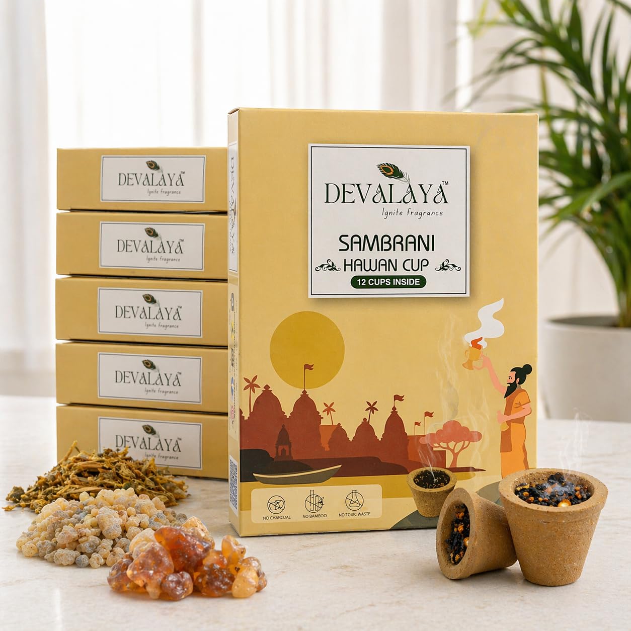 DEVALAYA Sambrani Havan Cups for Pooja (72 Cups, Pack of 6 Box), 100% Organic & Charcoal-Free, Infused with Orignal Guggal & Natural Loban, Hawan Samagri & Bhimseni Kapoor, No Artificial Scent