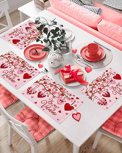 Vista 364 de Juego de 6 manteles individuales rojos para el día de San Valentín, diseño de corazón de San Valentín, resistentes al calor, lavables, manteles