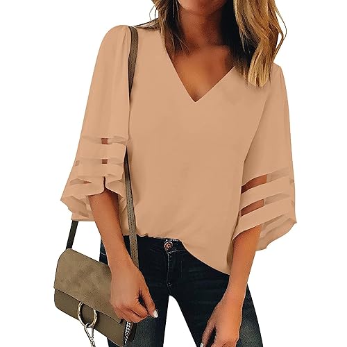 Utyful Dressy Tops for Women Women's Summer Casual V Neck Mesh Panel 3/4 Bell Sleeve Loose Blouse Top