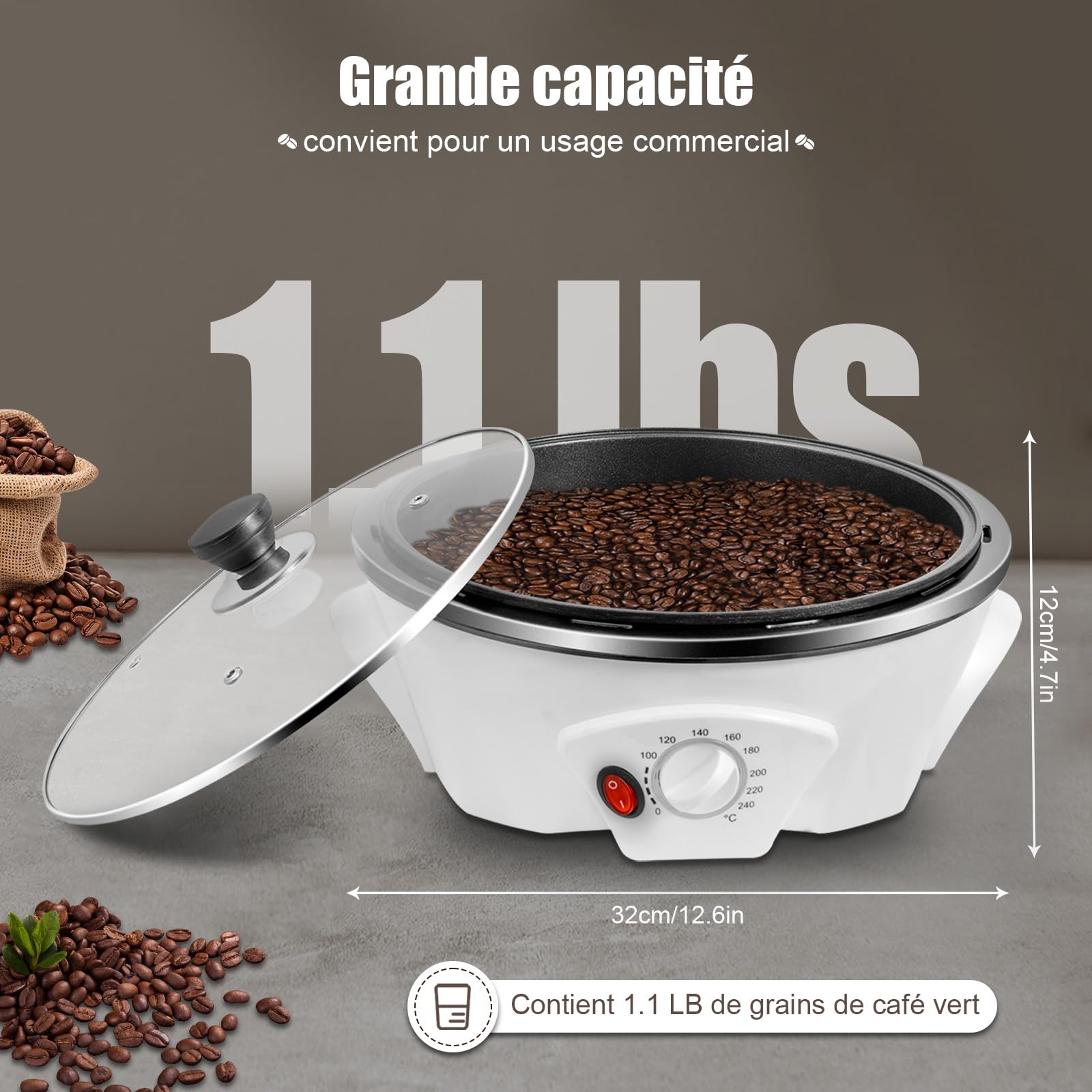 TorréFacteur De Café 1200w Avec TempéRature RéGlable Pour TorréFier Les Grains De Café CacahuèTes Graines De Melon Convient Aux DéButants Et Aux Amateurs De Café (Blanc)