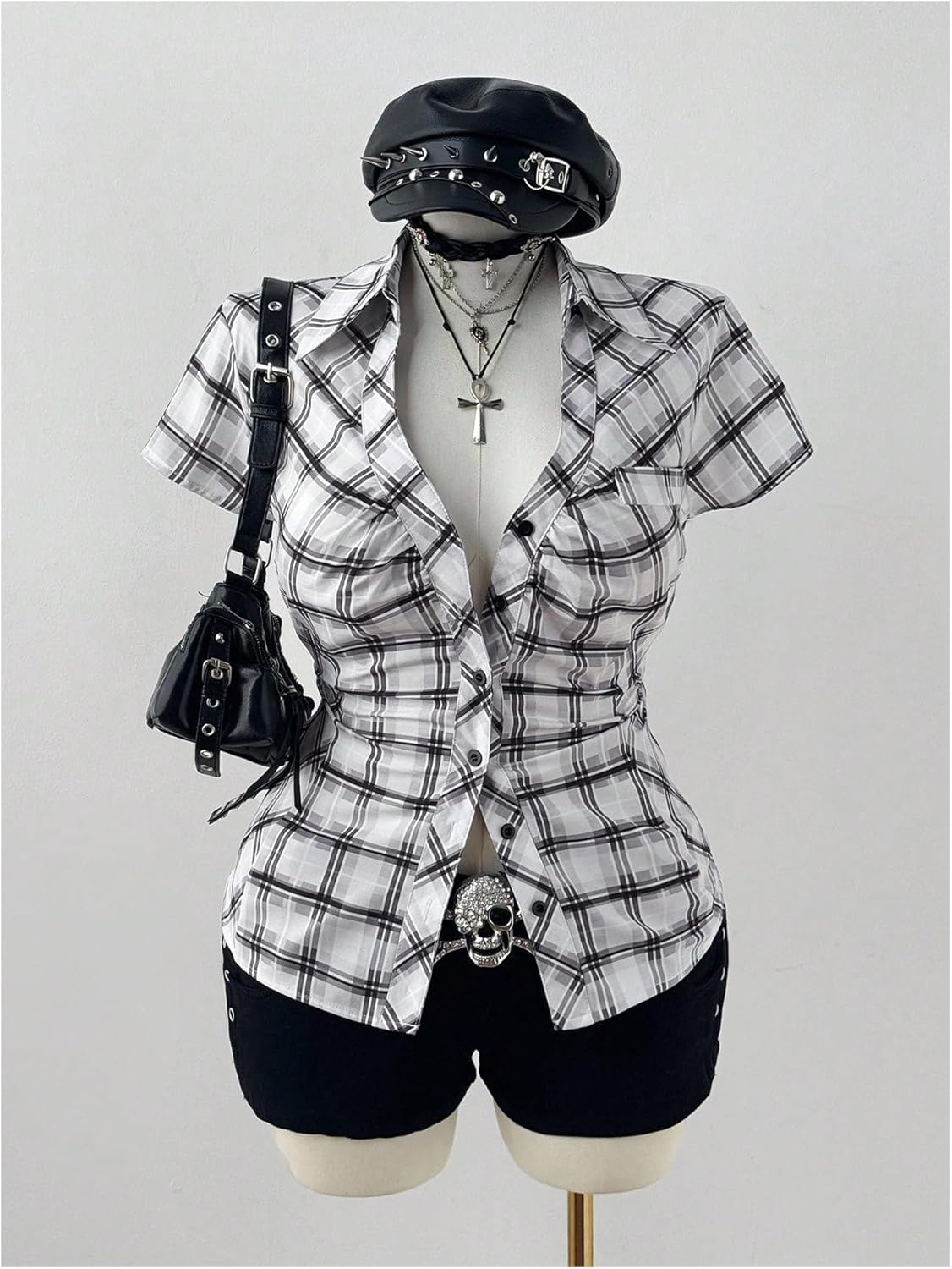Floerns Women's Plus Size Gingham Button Down Shirt Short Sleeve Preppy Gothic Blouse Tops