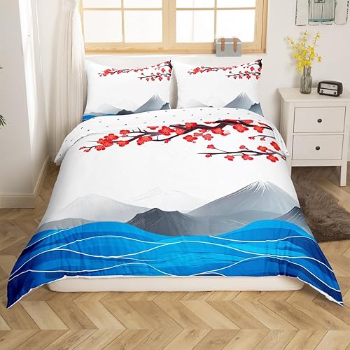 Miniatura 3 de Erosebridal Ukiyoe - Juego de funda de edredón con temática de flor de cerezo, tamaño Queen, juego de funda de edredón de montaña Fuji Japón, juegos
