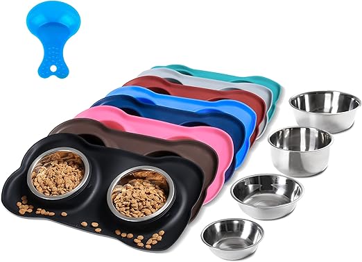 Hubulk Pet Dog Bowls 2 Stainless Steel Dog Bowl with No Spill Non-Skid Silicone Mat + Pet Food Scoop Water and Food Feeder Bowls for Feeding Small Medium Large Dogs Cats Puppies (S, Black)