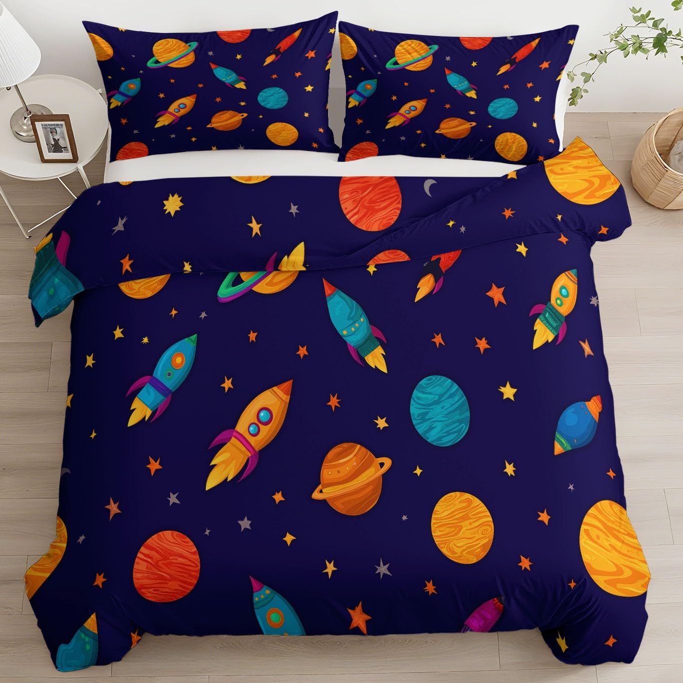Poszwa na kołdrę z nadrukiem w stylu kreskówkowym 200 x 200 cm, zestaw pościeli z motywem gwiazdy wszechświata rakieta poszewka na kołdrę dla dzieci chłopców dziewcząt nastolatek - komplet pościeli z