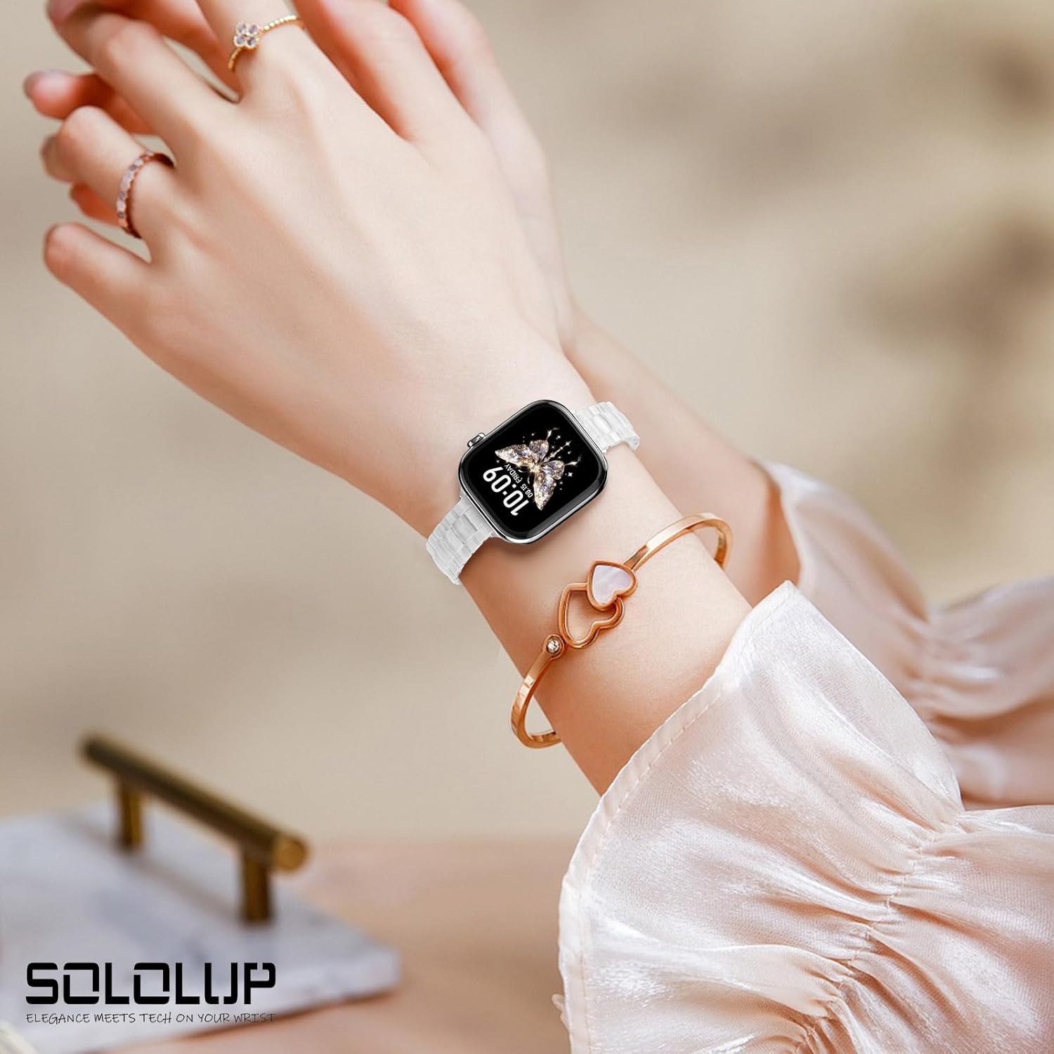SOLOLUP Thin Resin Band for Apple Watch Bands for Women SE 3/2/1 42mm 44mm 45mm 46mm 49mm,Tortoise Fashion Lightweight Strap Slim Cute Bracelet for iWatch Series 11 10 9 8 7 6 5 4 3 Ultra,Pearl white - Image 2