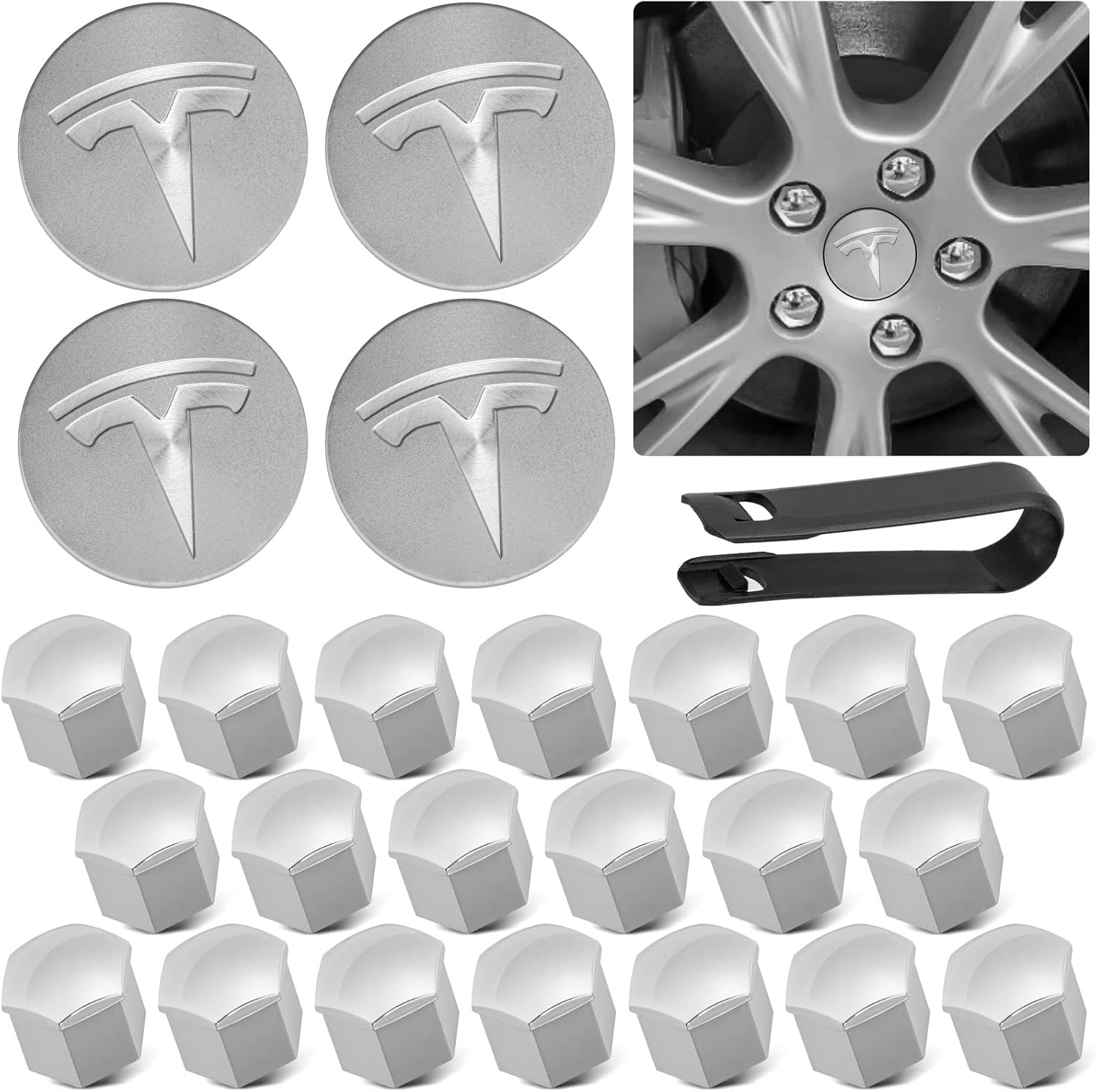Tesla Model 3/Model Y Wheel Cap Kit (Silver), 4 Hub Center Caps + 20