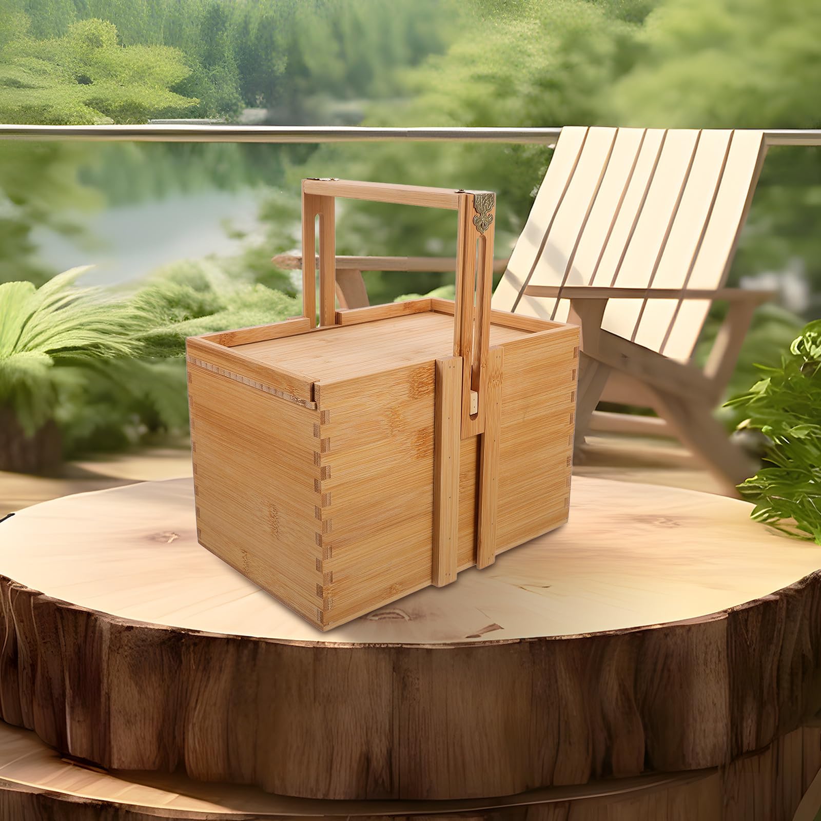 Cesta de Bambú Asa Ajustable para Picnic y Almacenamiento, Caja de Madera para Guardar Postres y Té, Diseño Sencillo y Fácil de Transportar para Uso Familiar