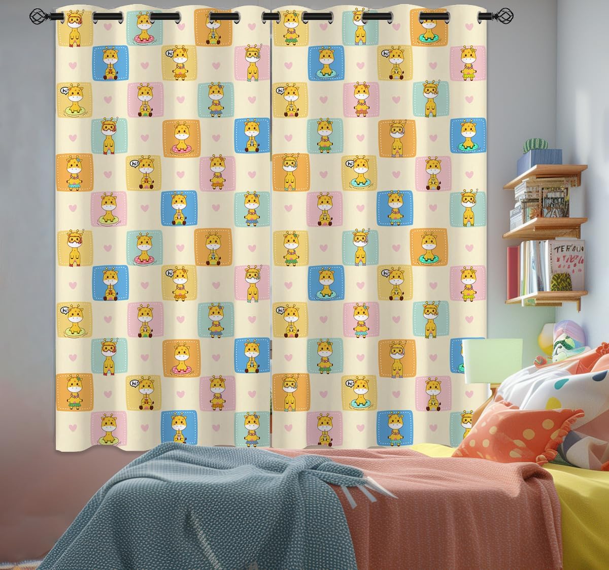 Cute Giraffe Blackout Curtains for Girls Boys Kids Home Decor, Yellow Cartoon Funny Animal Wildlife Grommet Thermal Insulated Drapes Darkening Window Curtain for Bedroom Living Room, 42 x 63 Inch