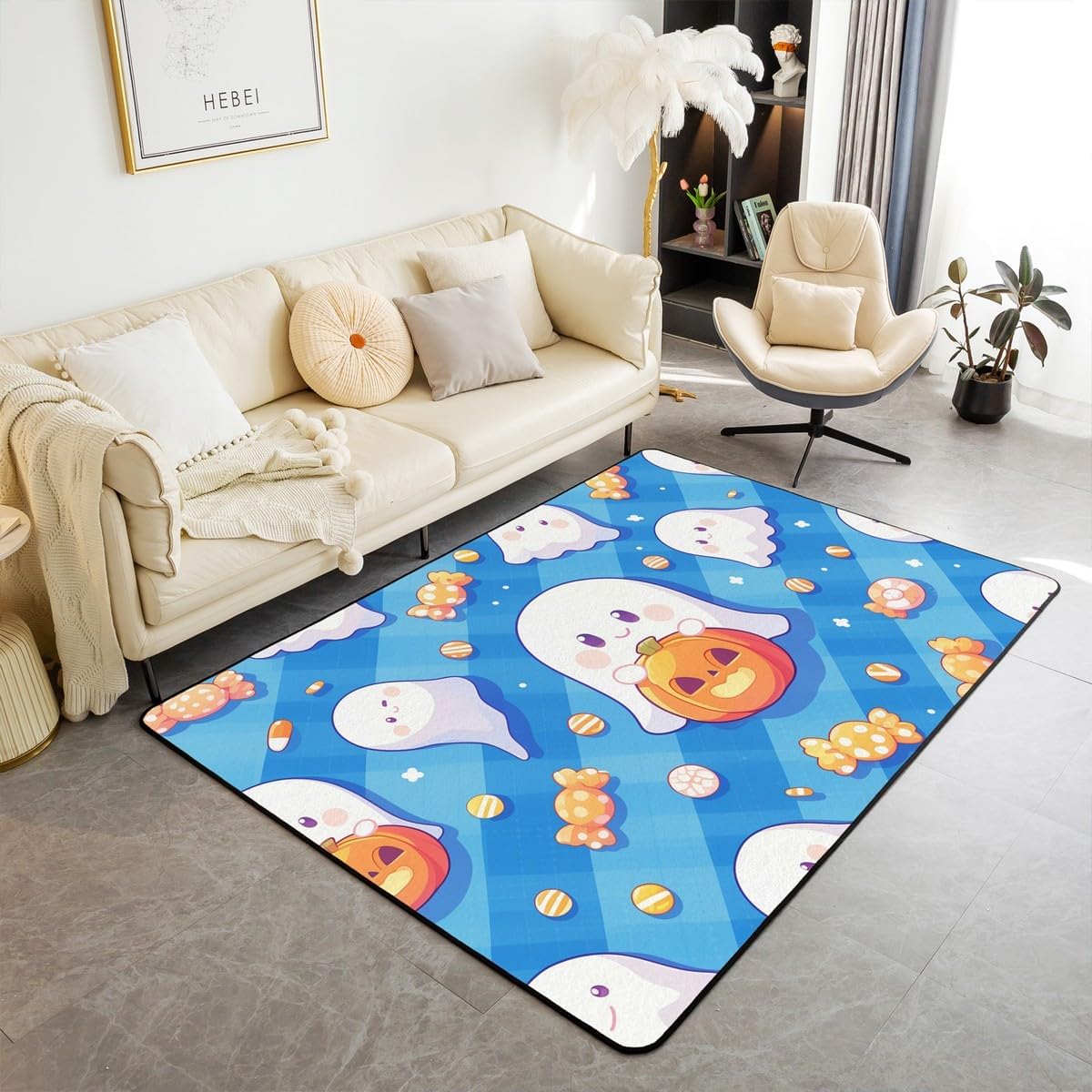 Feelyou Kids Halloween Theme Ghost Area Rug 3x5 Cute Ghost Candy Living Room Rugs for Teens Boys Girls Room Decor Happy Halloween Decorative Carpet Indoor Floor Mat